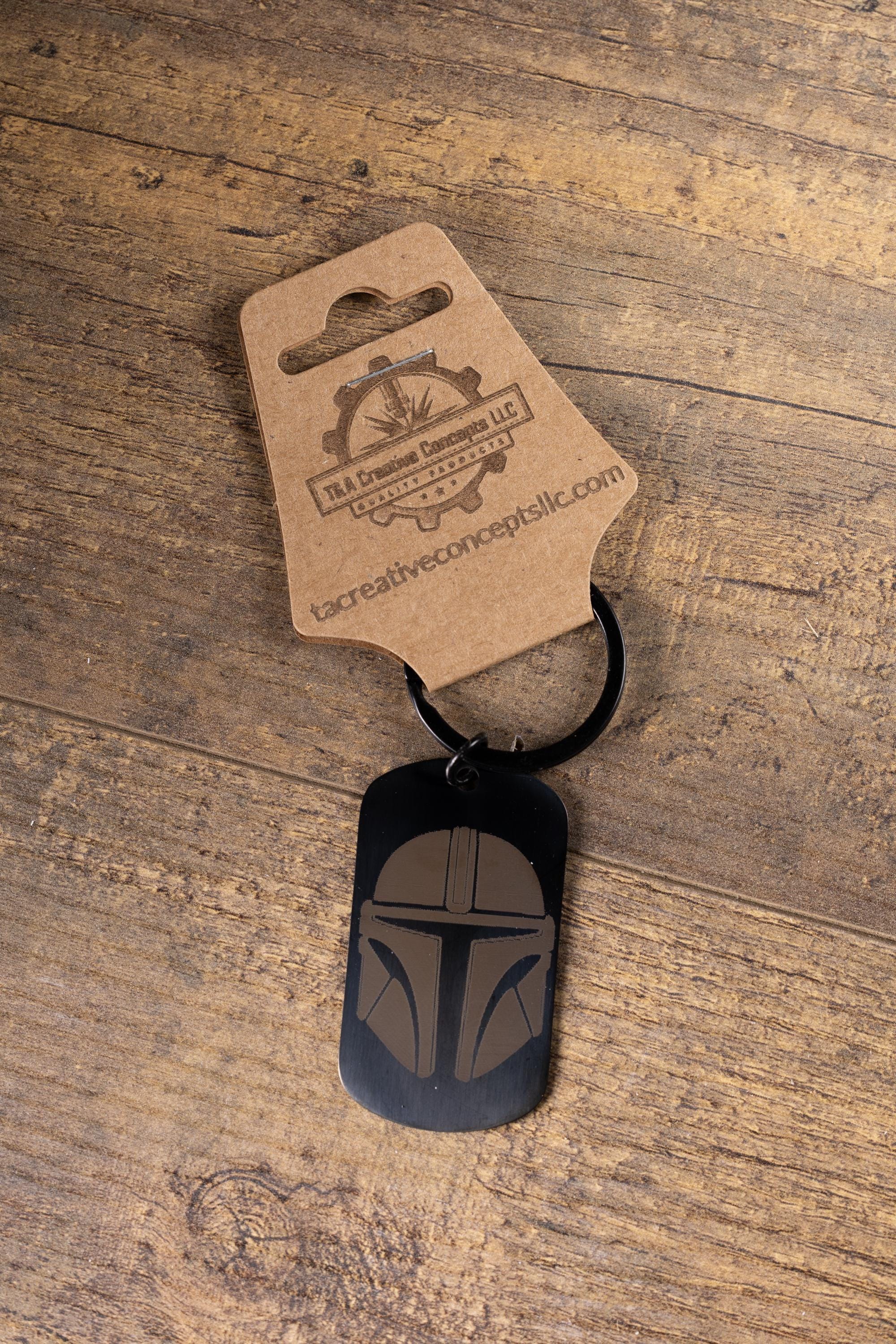 Mandalorian Keychain - Black Stainless Steel, Laser Engraved Double-Sided Design