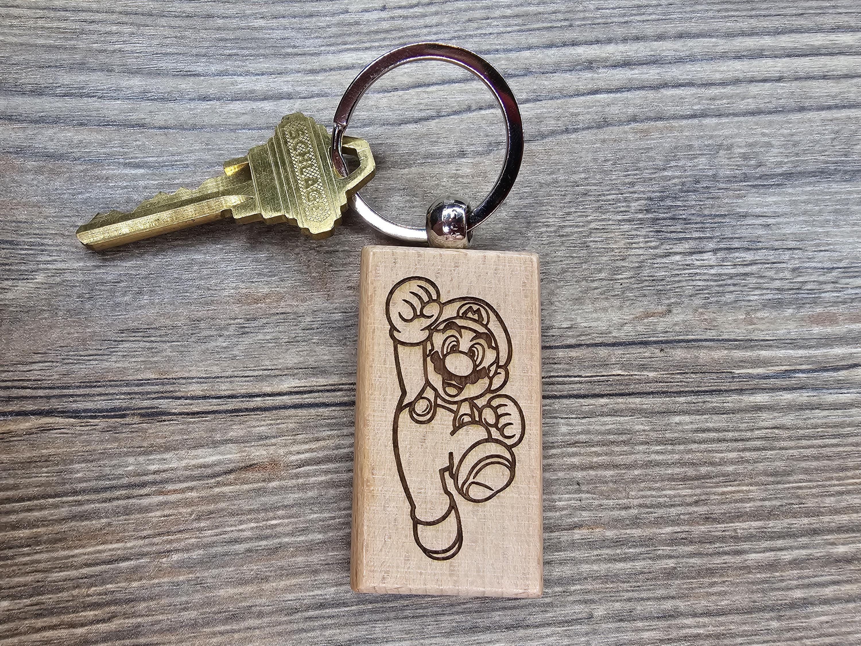 Mario Hardwood Keychain – Double Sided Engraved Hardwood with Stainless Steel Ring