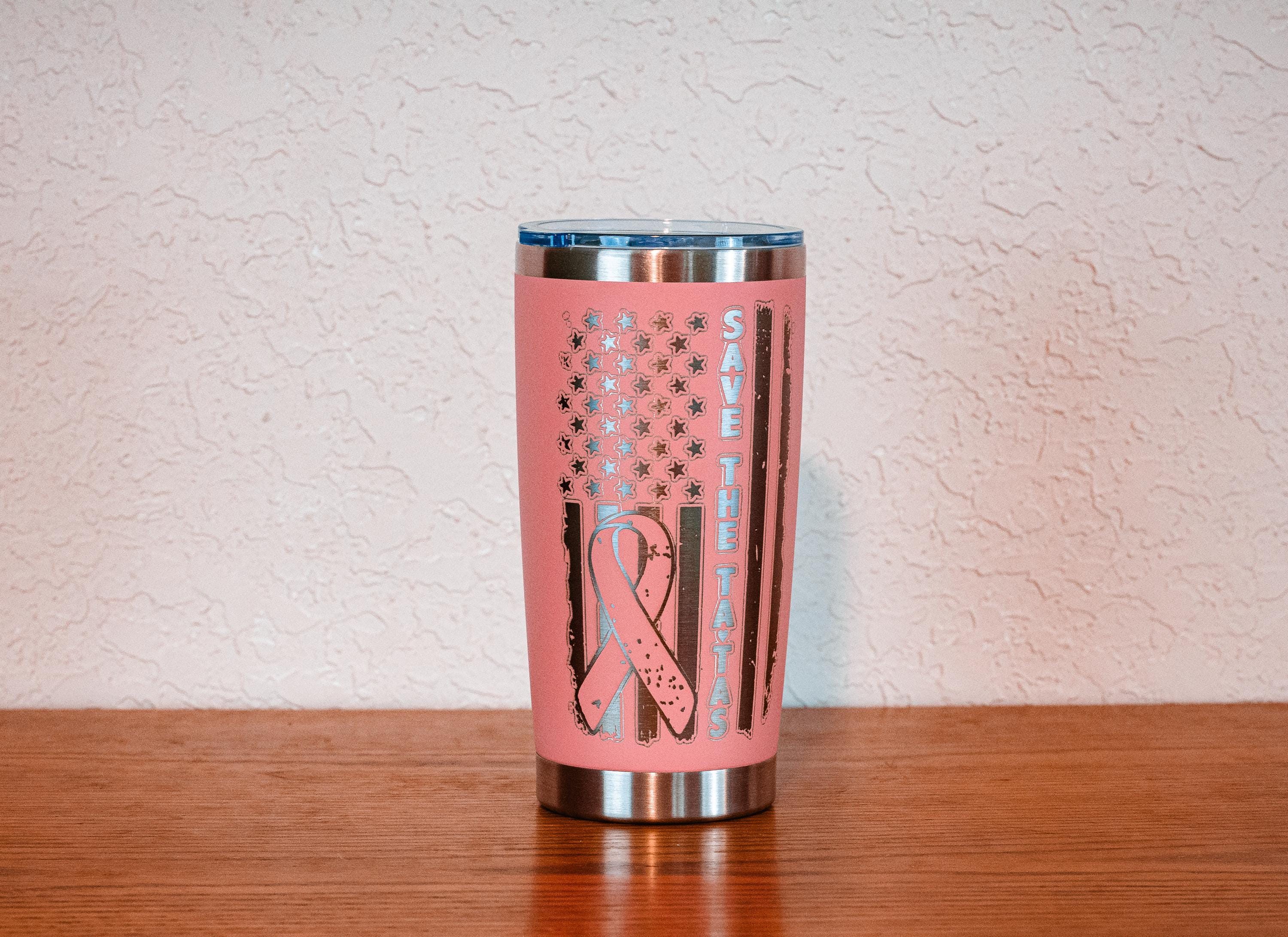 Breast Cancer Tumbler - Pink Powder Coated Stainless Steel, 20oz Insulated Travel Cup