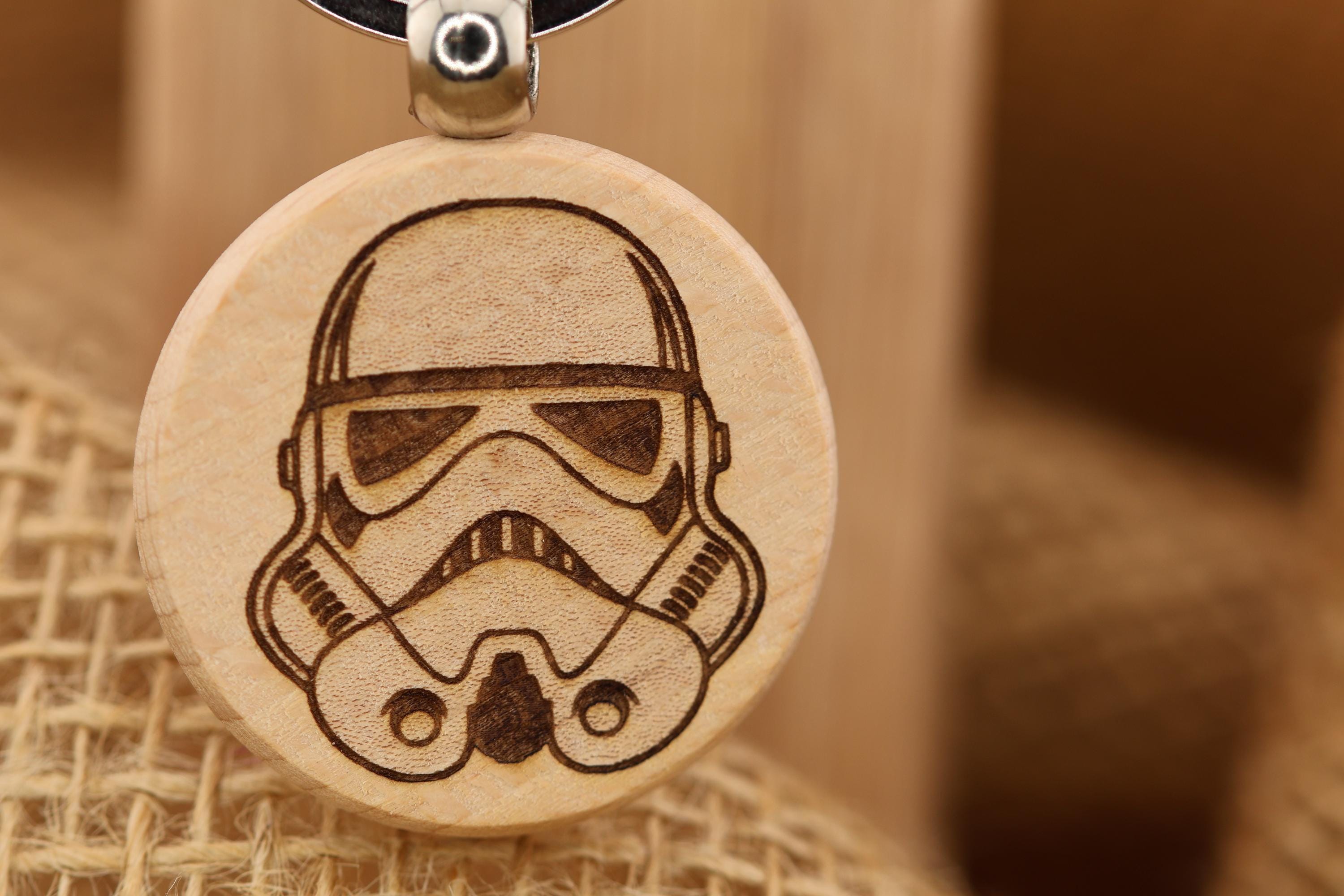 Stormtrooper Keychain - Hardwood Double-Sided Laser Engraved Design with Rust Resistant Ring