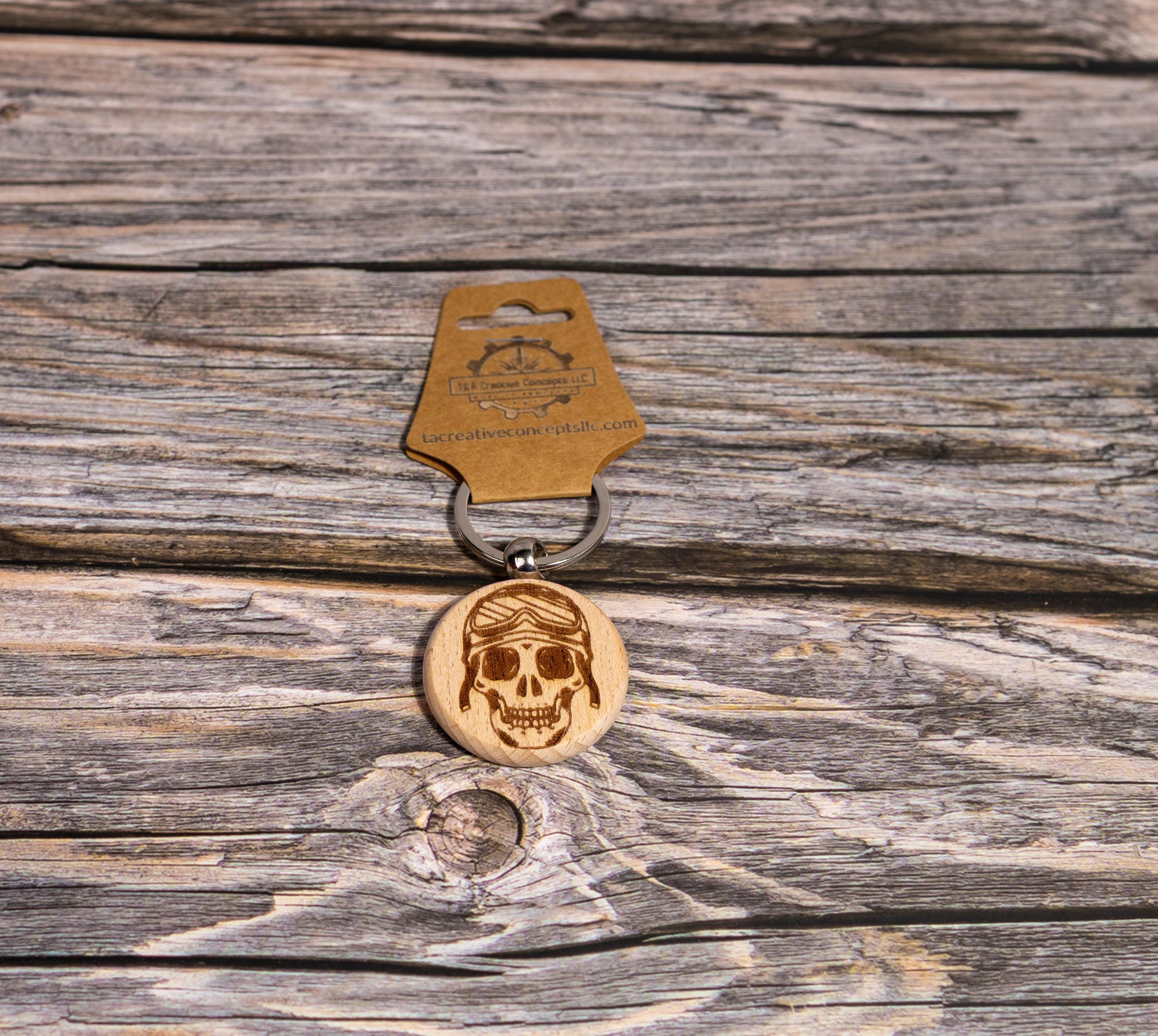 Motorcycle Skull Keychain – Double Sided Engraved Hardwood & Stainless Steel Ring