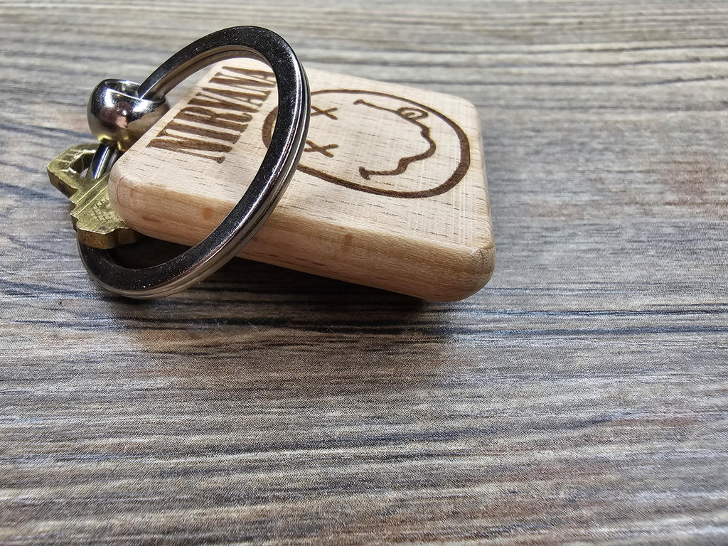 Nirvana Keychain – Hardwood Double Sided Engraved Smiley Face with Stainless Steel Ring