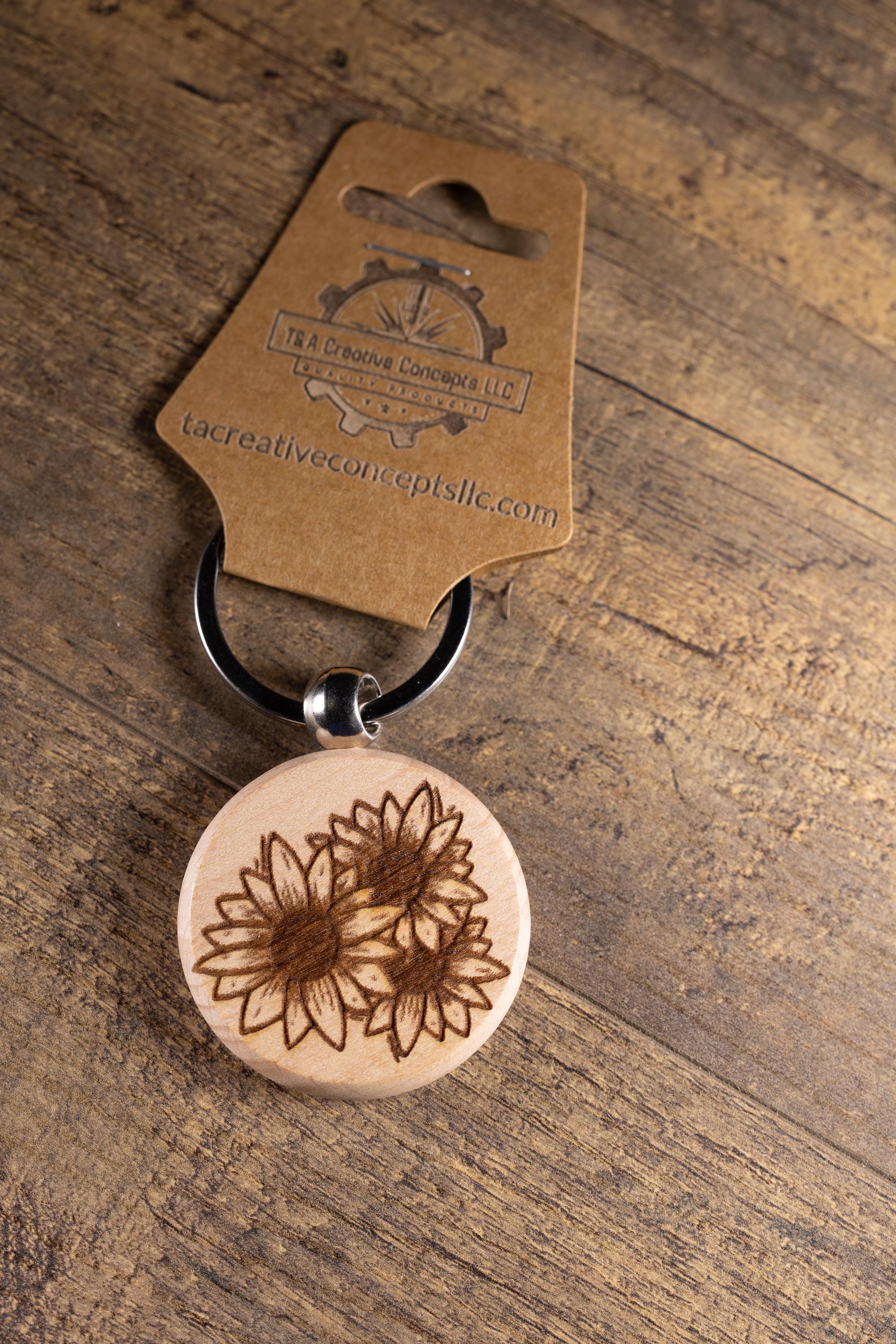 Sunflower Wood Keychain - Laser Engraved Hardwood With Stainless Steel Ring