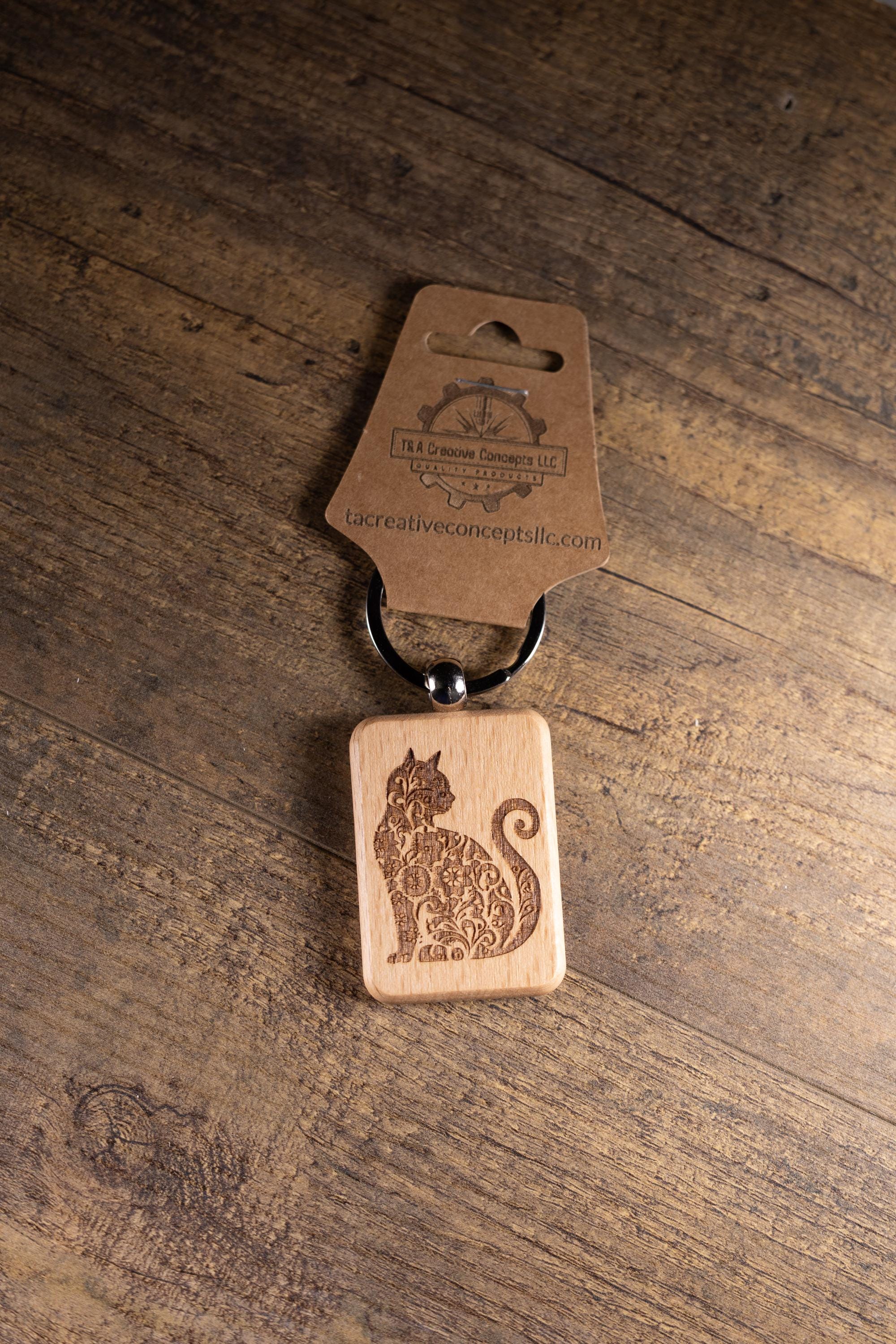 Cat Keychain – Handmade Hardwood Bag Charm with Laser Engraved Wood Design