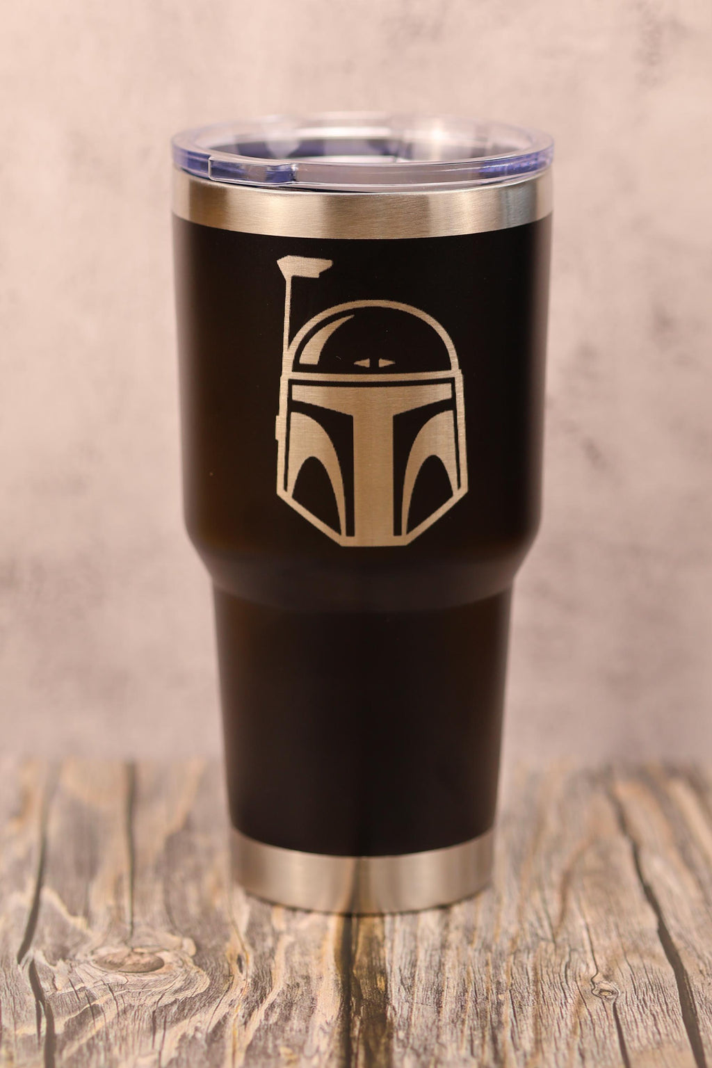 Boba Fett Tumbler – 30oz Stainless Steel Cup | Laser Engraved Helmet, Clear Lid