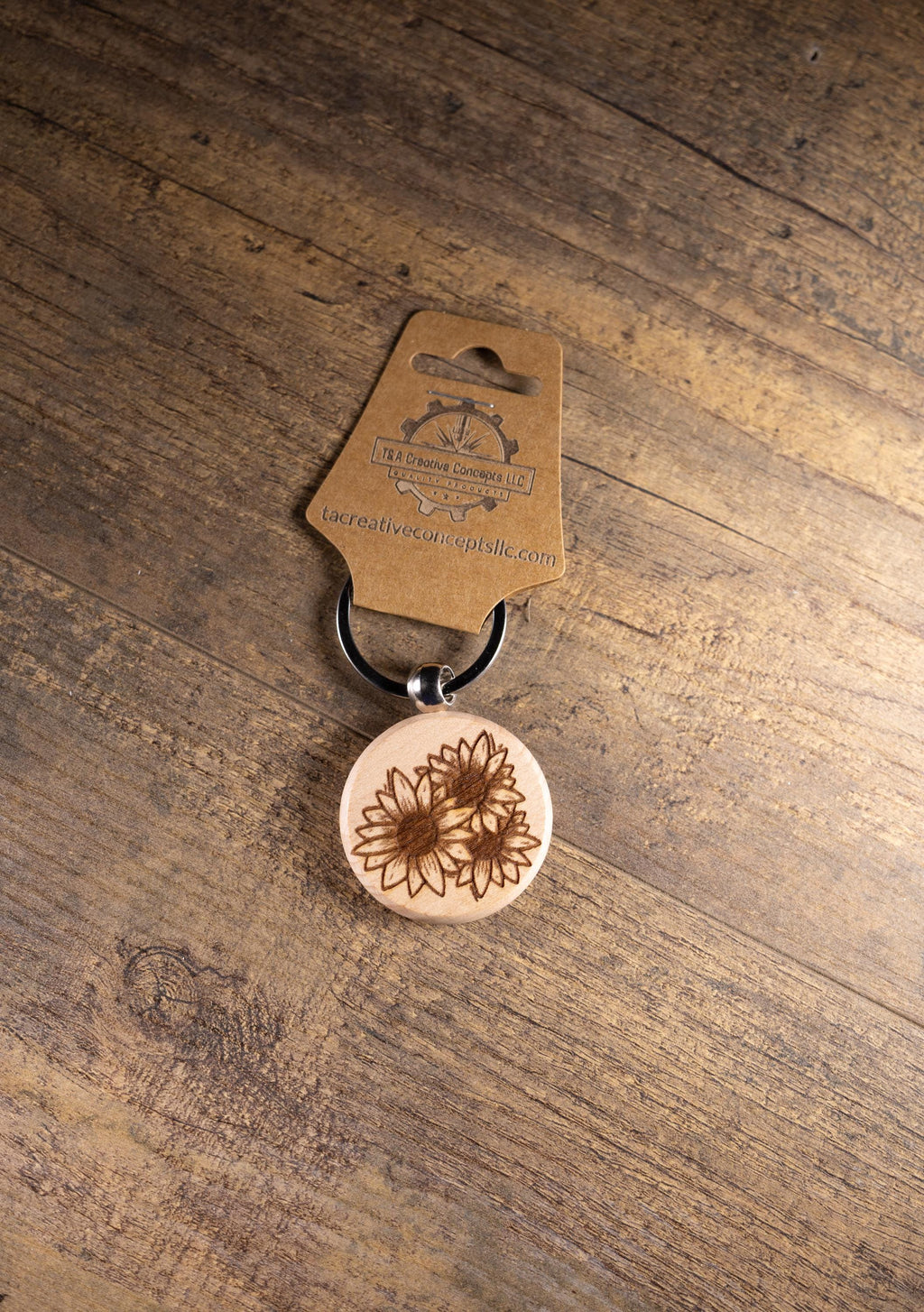 Sunflower Wood Keychain - Laser Engraved Hardwood With Stainless Steel Ring