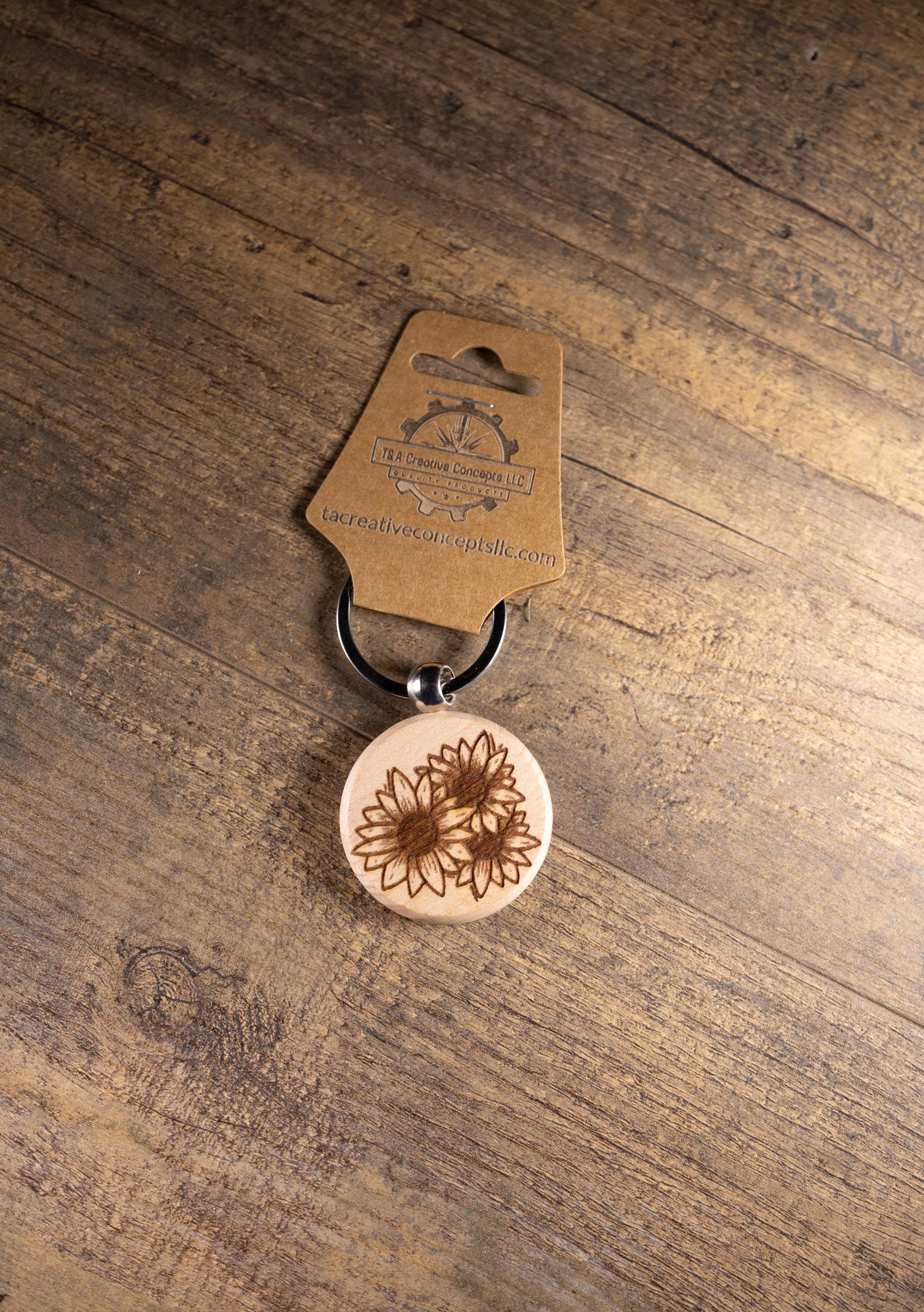 Sunflower Wood Keychain - Laser Engraved Hardwood With Stainless Steel Ring