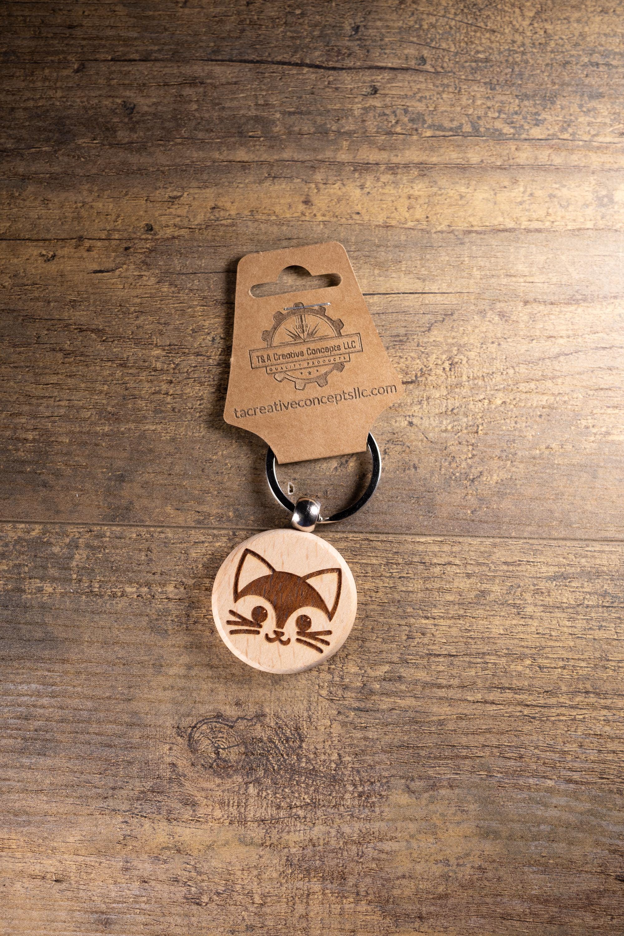 Cat Wood Keychain – Laser Engraved Hardwood Keyring | Maple, Cherry, Walnut Gift