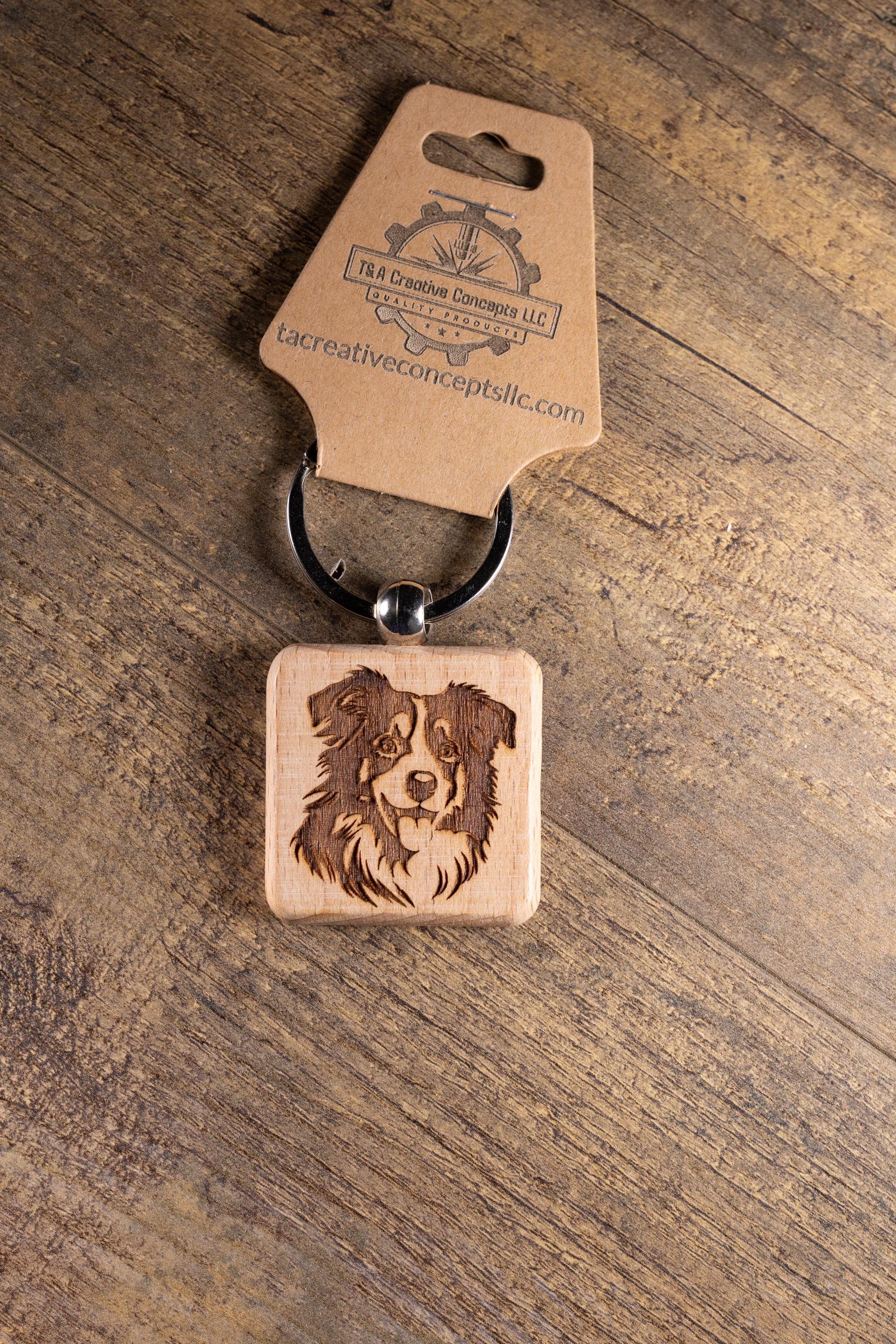 Australian Shepherd Keychain - Laser Engraved Wood Charm With Durable Stainless Steel Ring