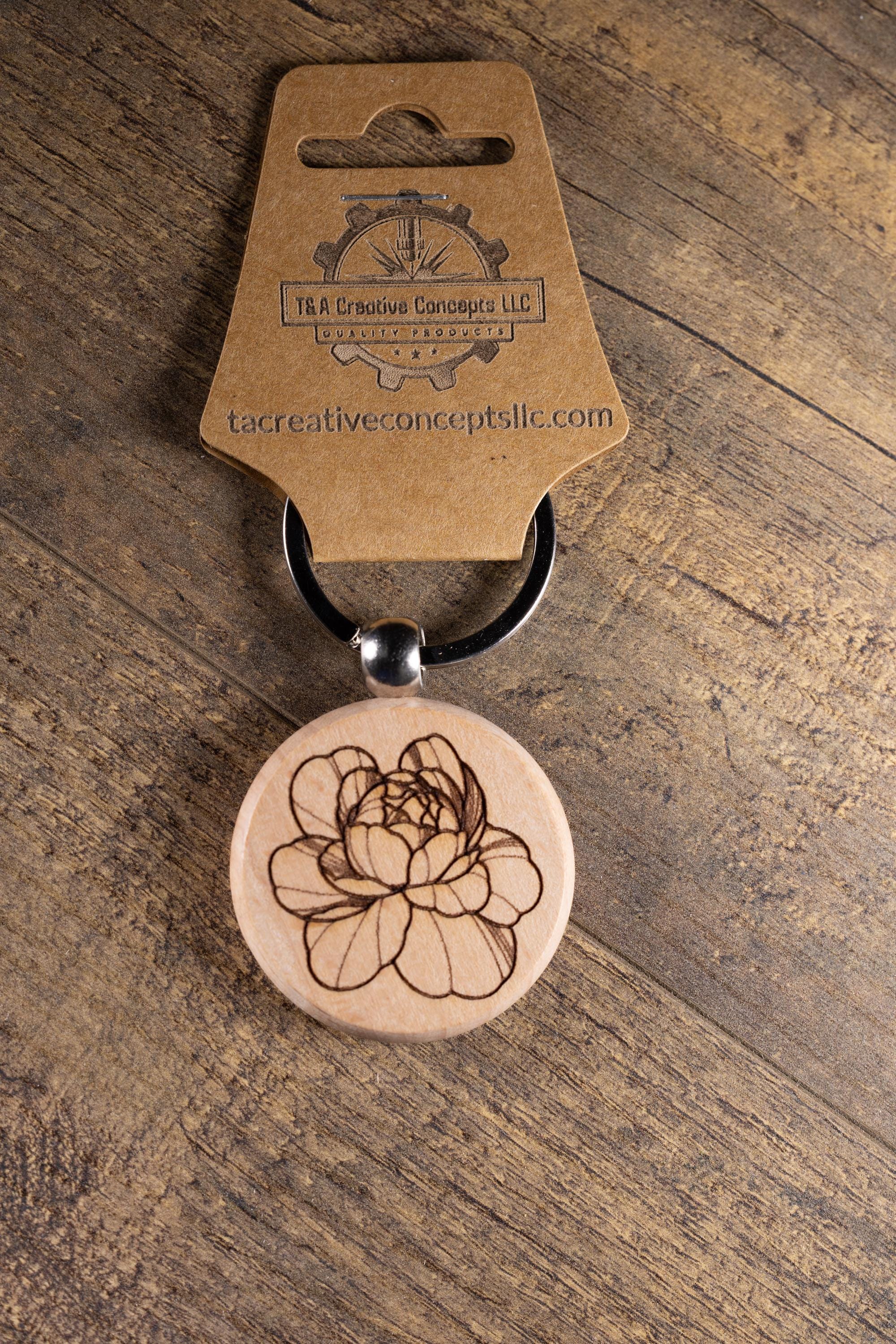 Peony Wood Keychain – Laser Engraved Floral Wood Charm with Stainless Steel Ring