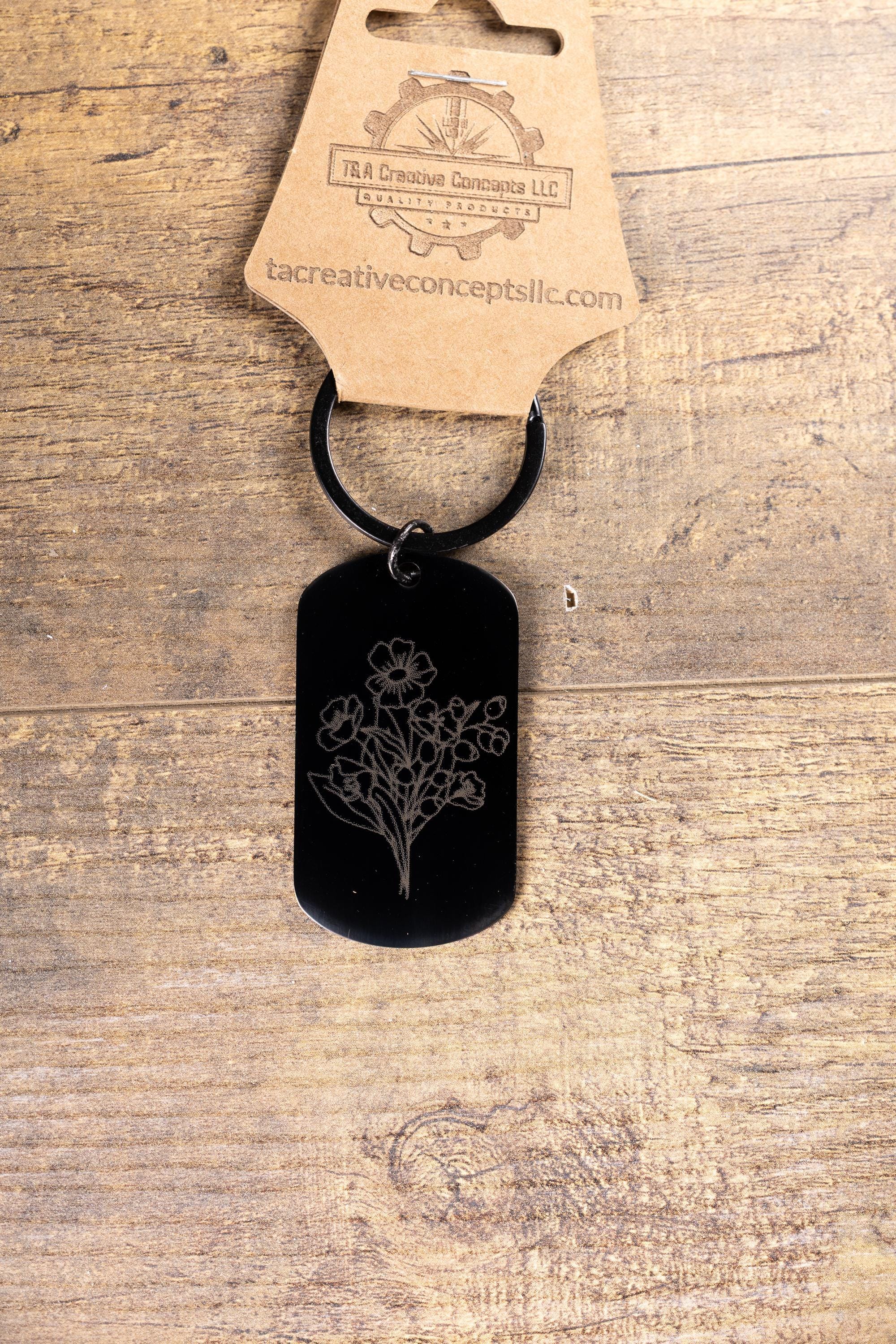 Black Stainless Steel Keychain – Floral Engraved Design | Fade Resistant, Matte Finish