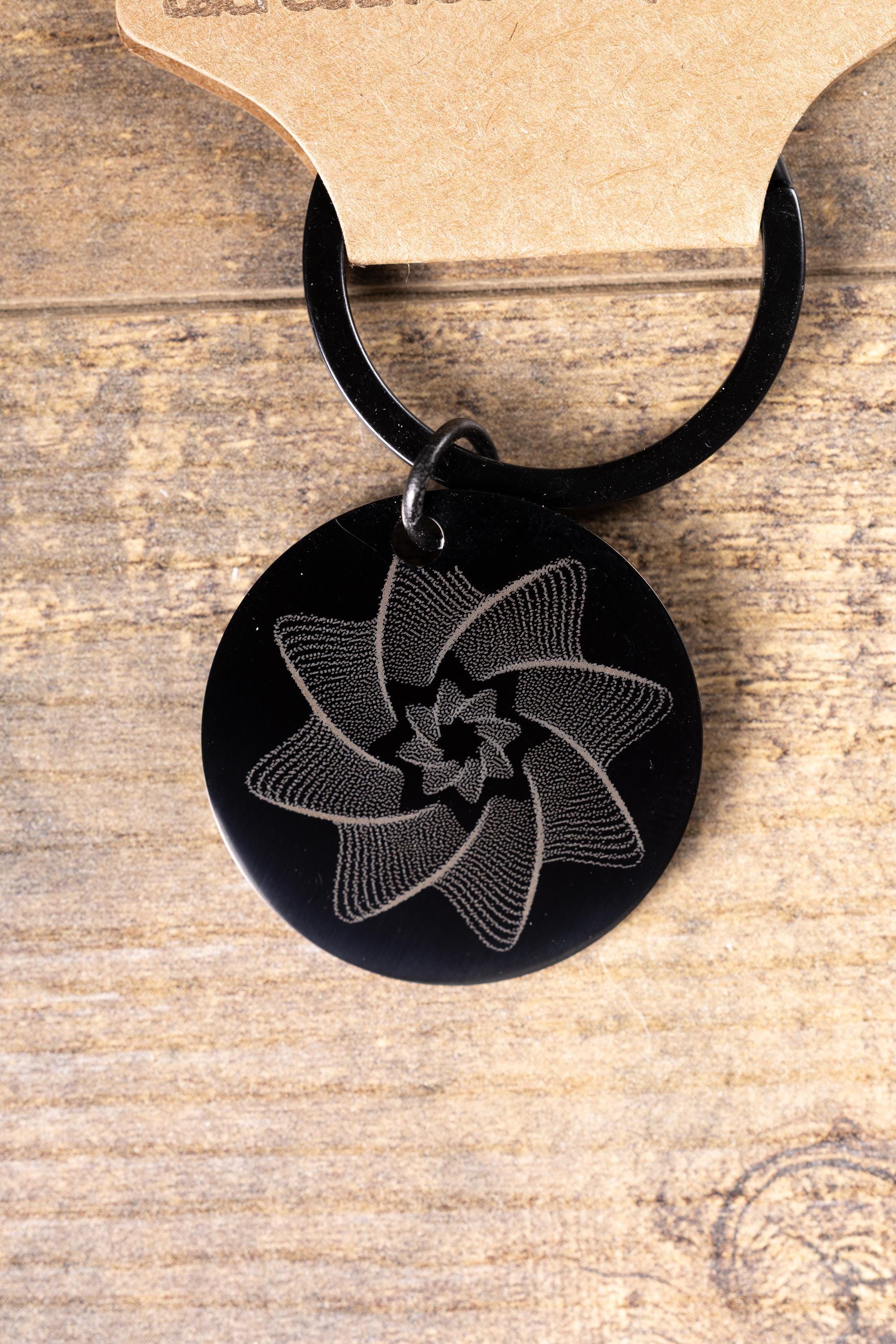 Matte Black Star Keychain - Double-Sided Laser Engraved Spiral Design, Durable Steel