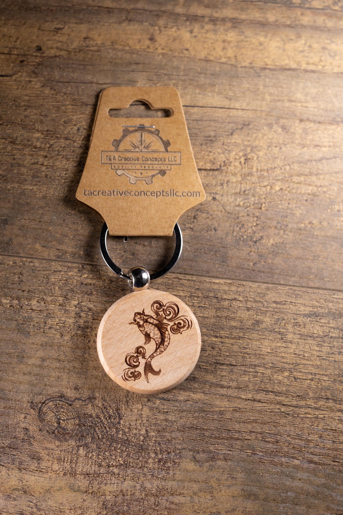 Koi Fish Keychain - Laser Engraved Hardwood Bag Charm With Stainless Steel Hardware