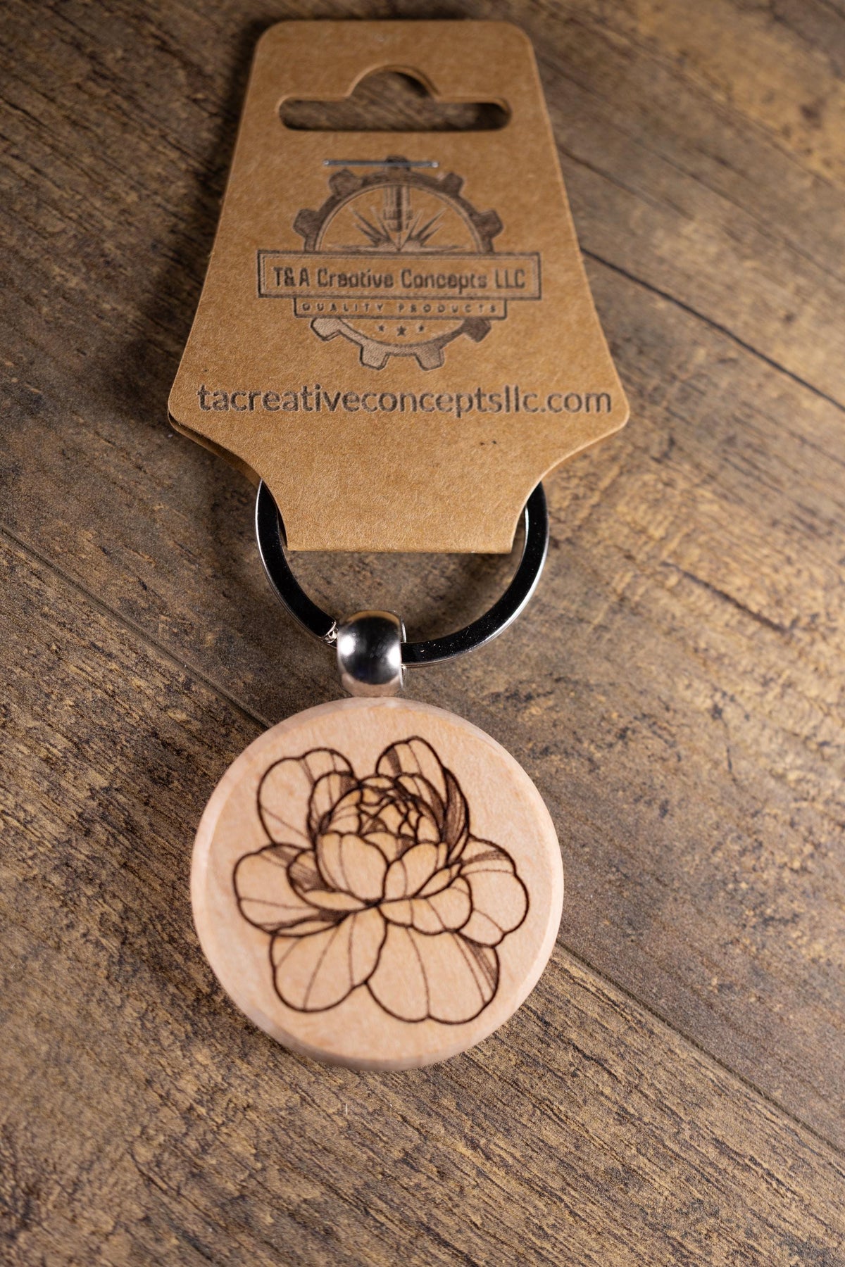 Peony Wood Keychain – Laser Engraved Floral Wood Charm with Stainless Steel Ring