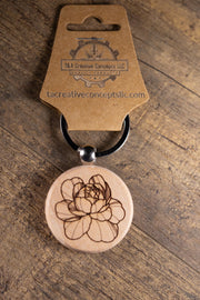 Peony Wood Keychain – Laser Engraved Floral Wood Charm with Stainless Steel Ring