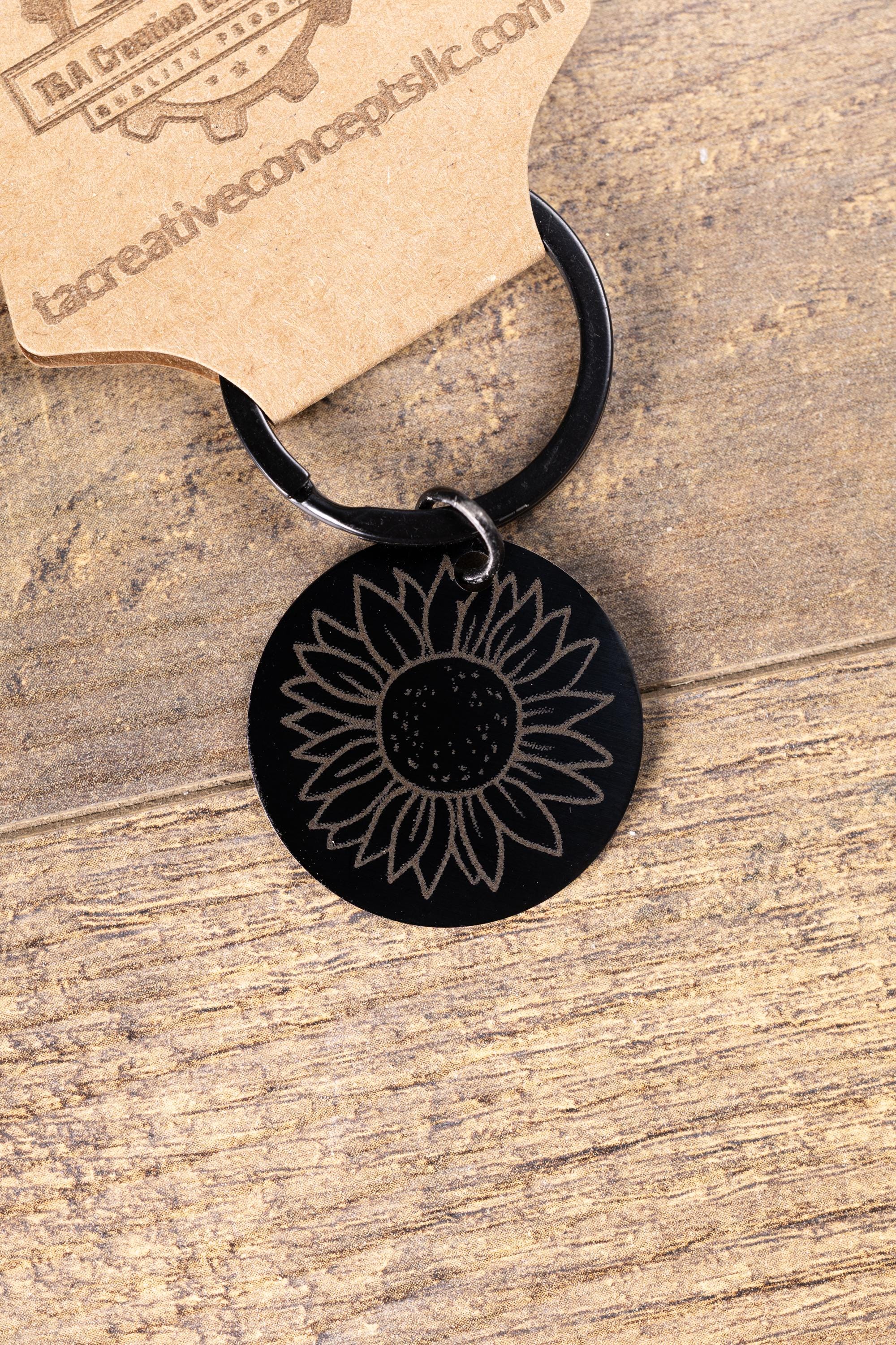 Sunflower Keychain – Black Stainless Steel, Laser Engraved Floral Design, Durable