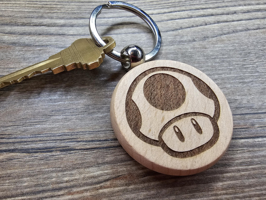 Mario Mushroom Keychain - Laser Engraved Hardwood Double Sided Power Up Keyring