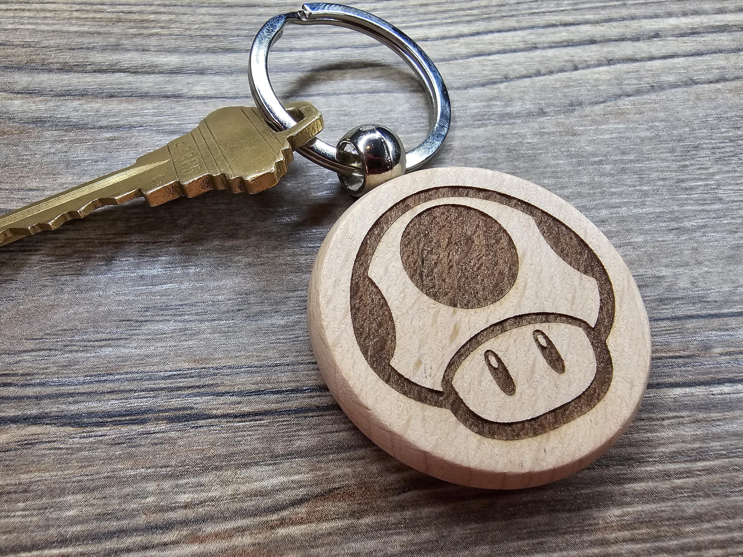 Mario Mushroom Keychain - Laser Engraved Hardwood Double Sided Power Up Keyring