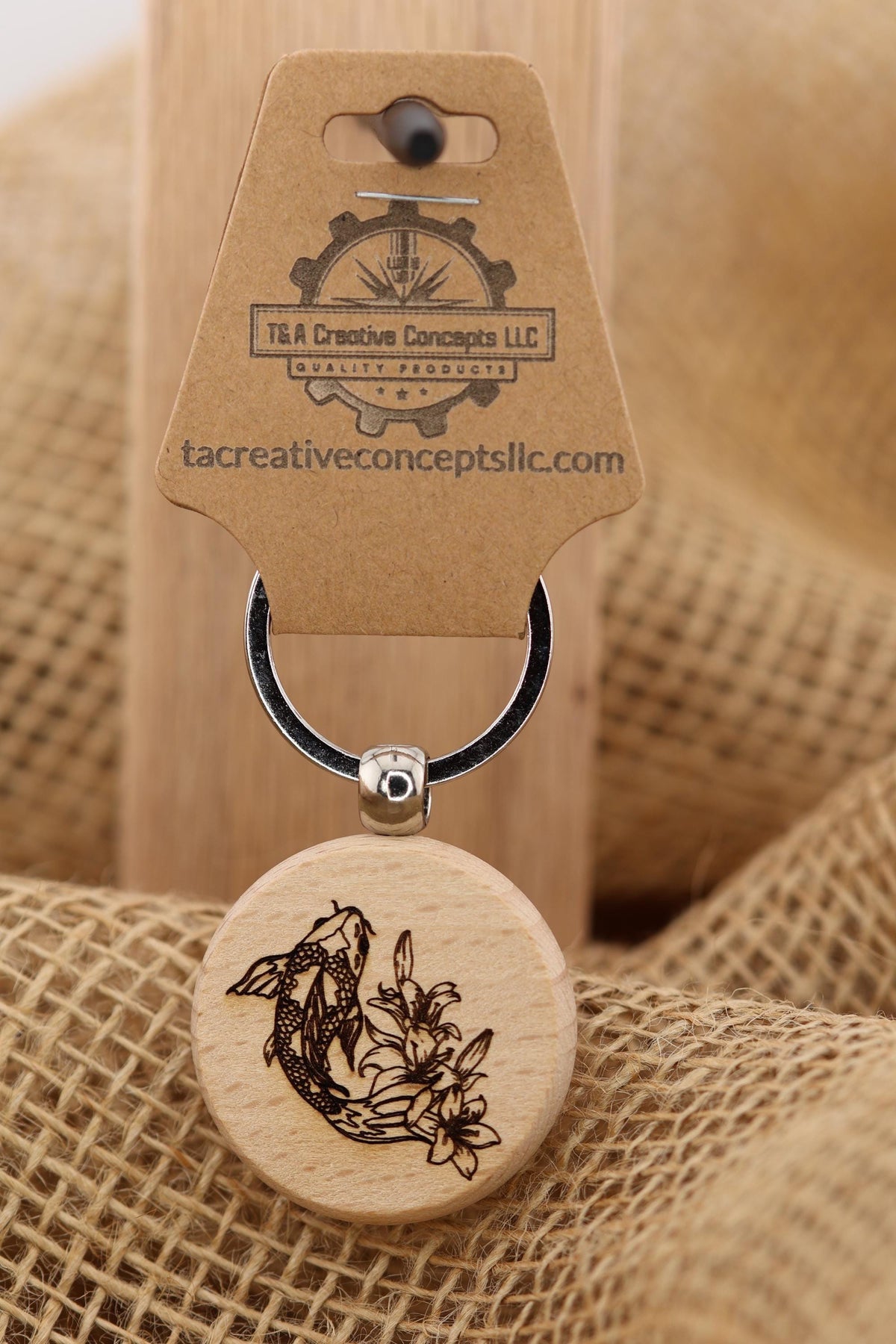 Koi Fish Keychain - Hardwood Laser Engraved Charm with Rust Resistant Ring