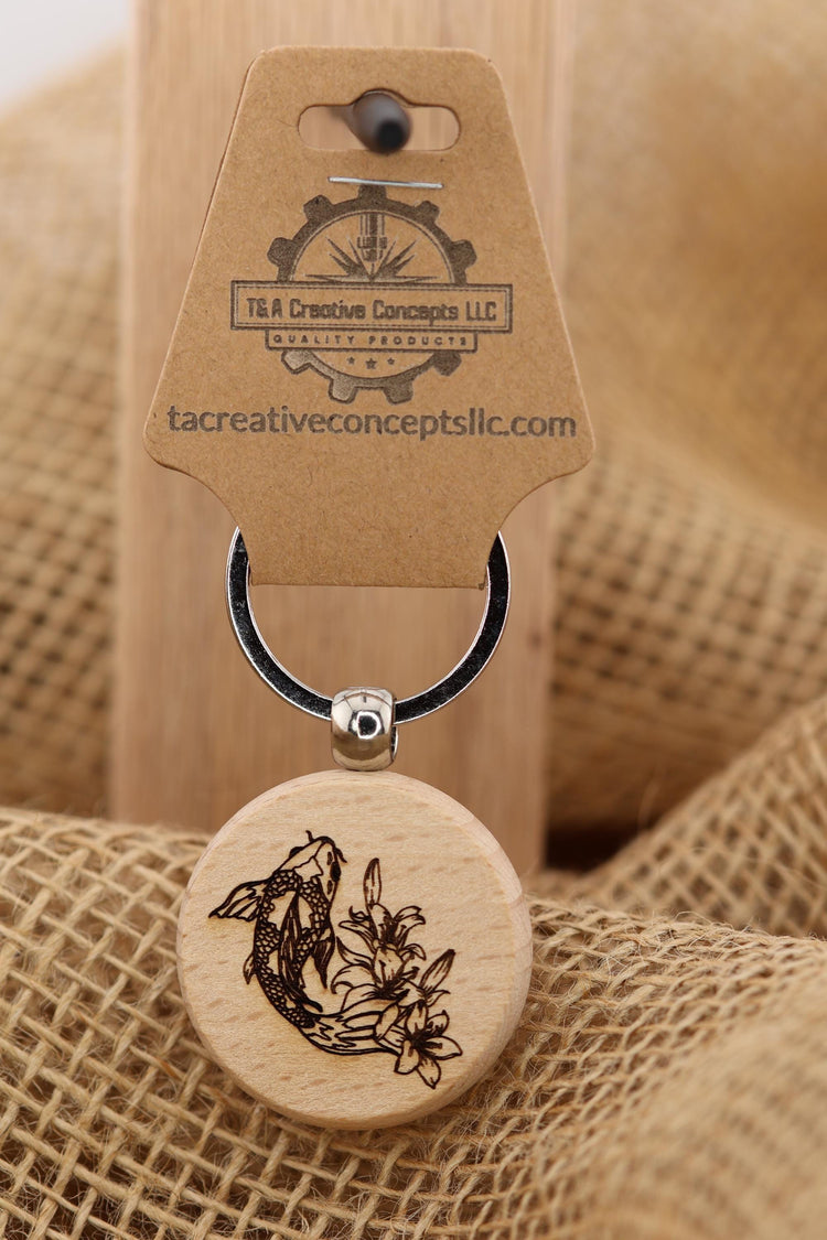 Koi Fish Keychain - Hardwood Laser Engraved Charm with Rust Resistant Ring