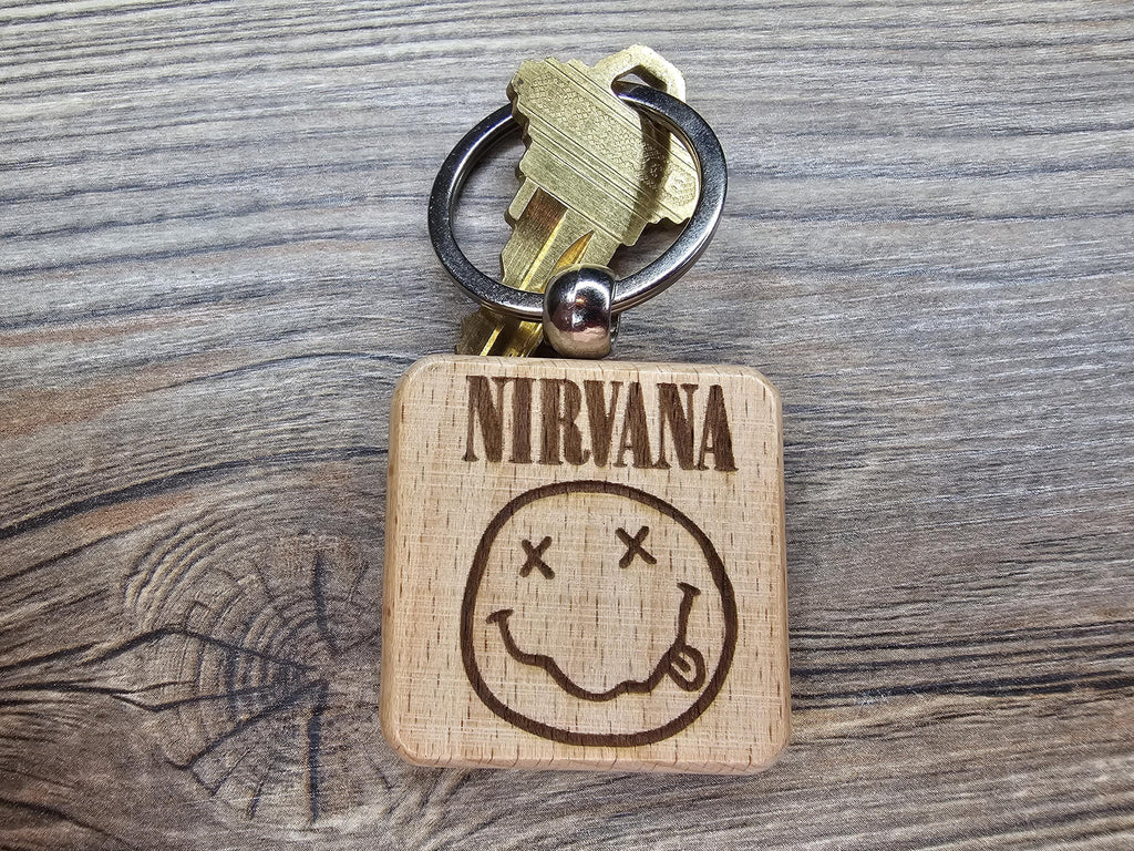 Nirvana Keychain – Hardwood Double Sided Engraved Smiley Face with Stainless Steel Ring