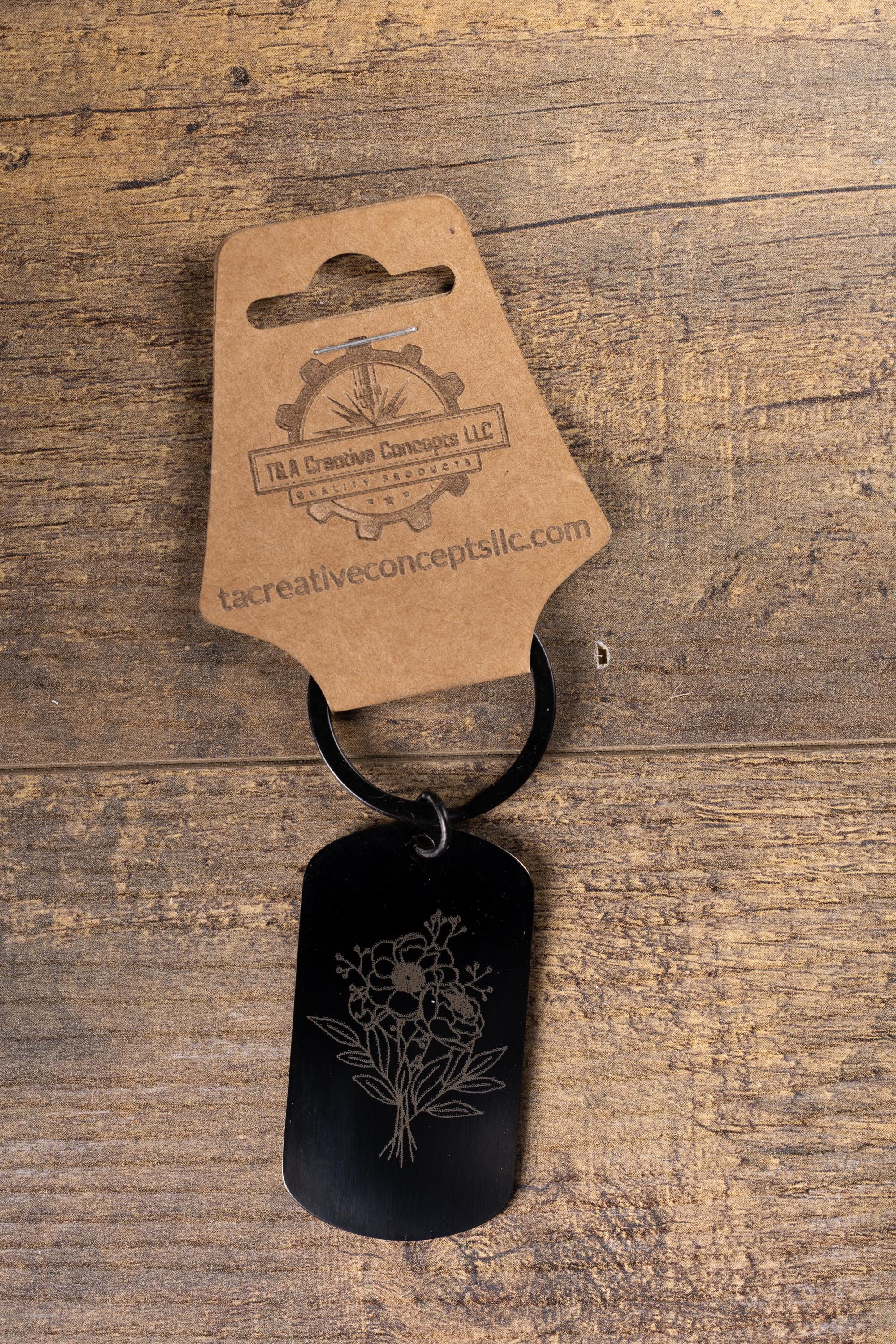 Black Floral Keychain - Laser Engraved Stainless Steel | Durable Everyday Carry