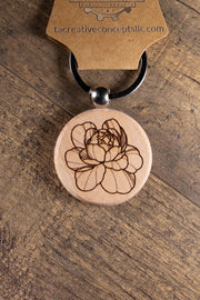 Peony Wood Keychain – Laser Engraved Floral Wood Charm with Stainless Steel Ring