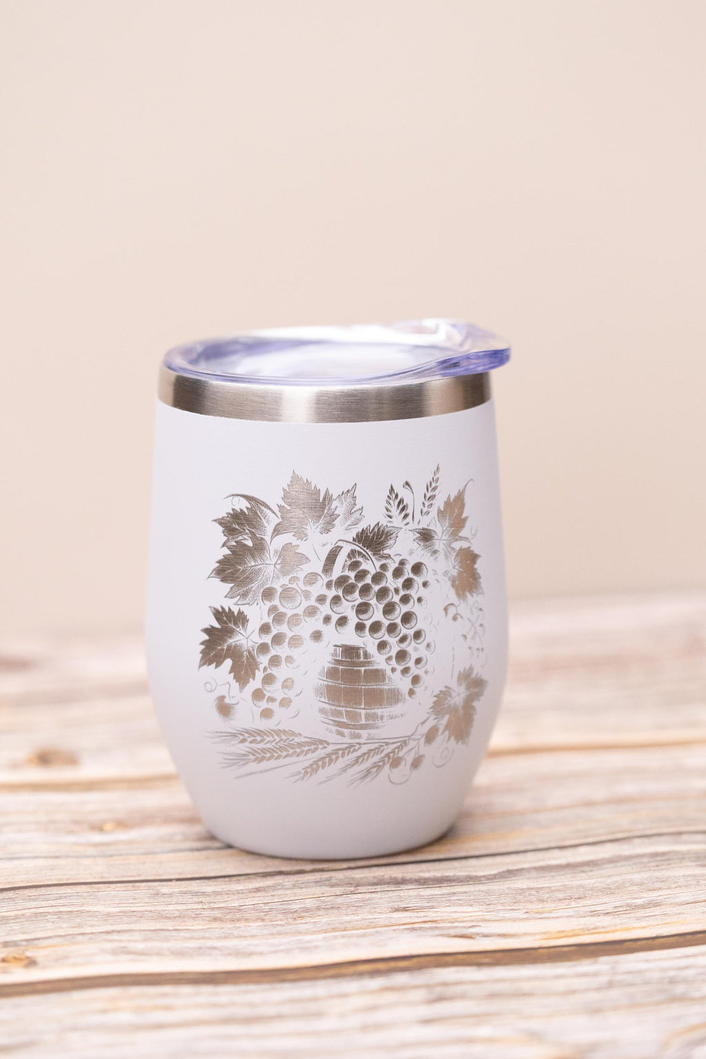 Wine Tumbler - Stainless Steel Cup With Spill Proof Lid & Laser Engraved Grape Design