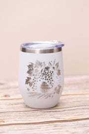 Wine Tumbler - Stainless Steel Cup With Spill Proof Lid & Laser Engraved Grape Design