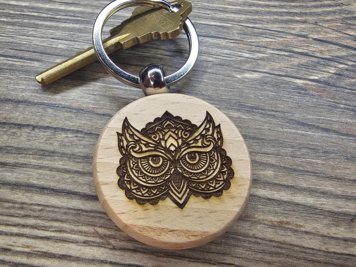 Owl Keychain - Double Sided Charm | Laser Engraved Gift | Rustic Wood Accessory