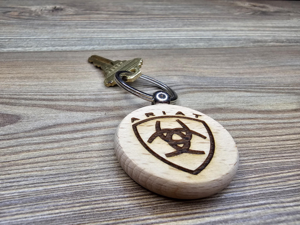 Ariat Wood Keychain - Double Sided Engraved Charm With Rust Resistant Ring