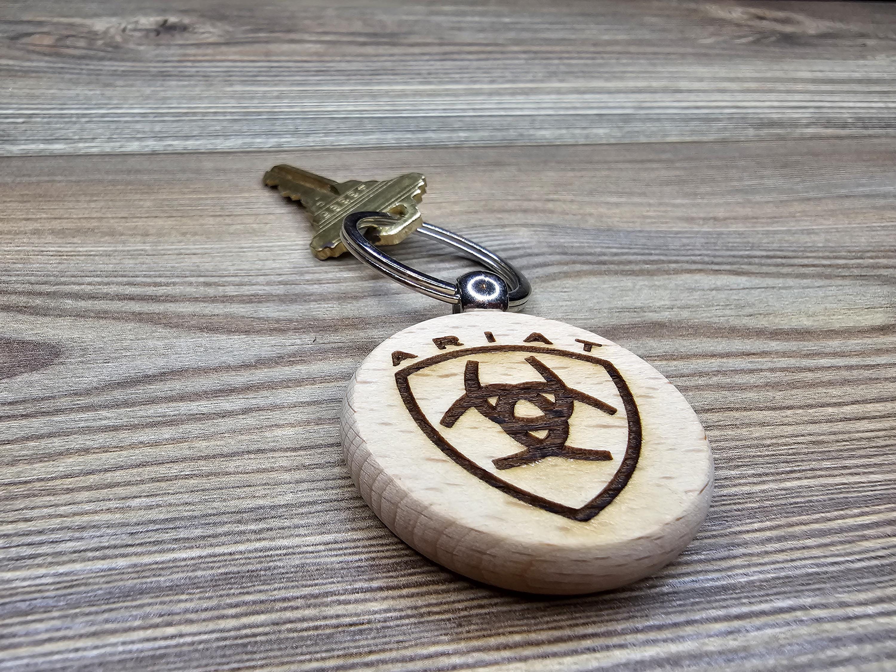 Ariat Wood Keychain - Double Sided Engraved Charm With Rust Resistant Ring