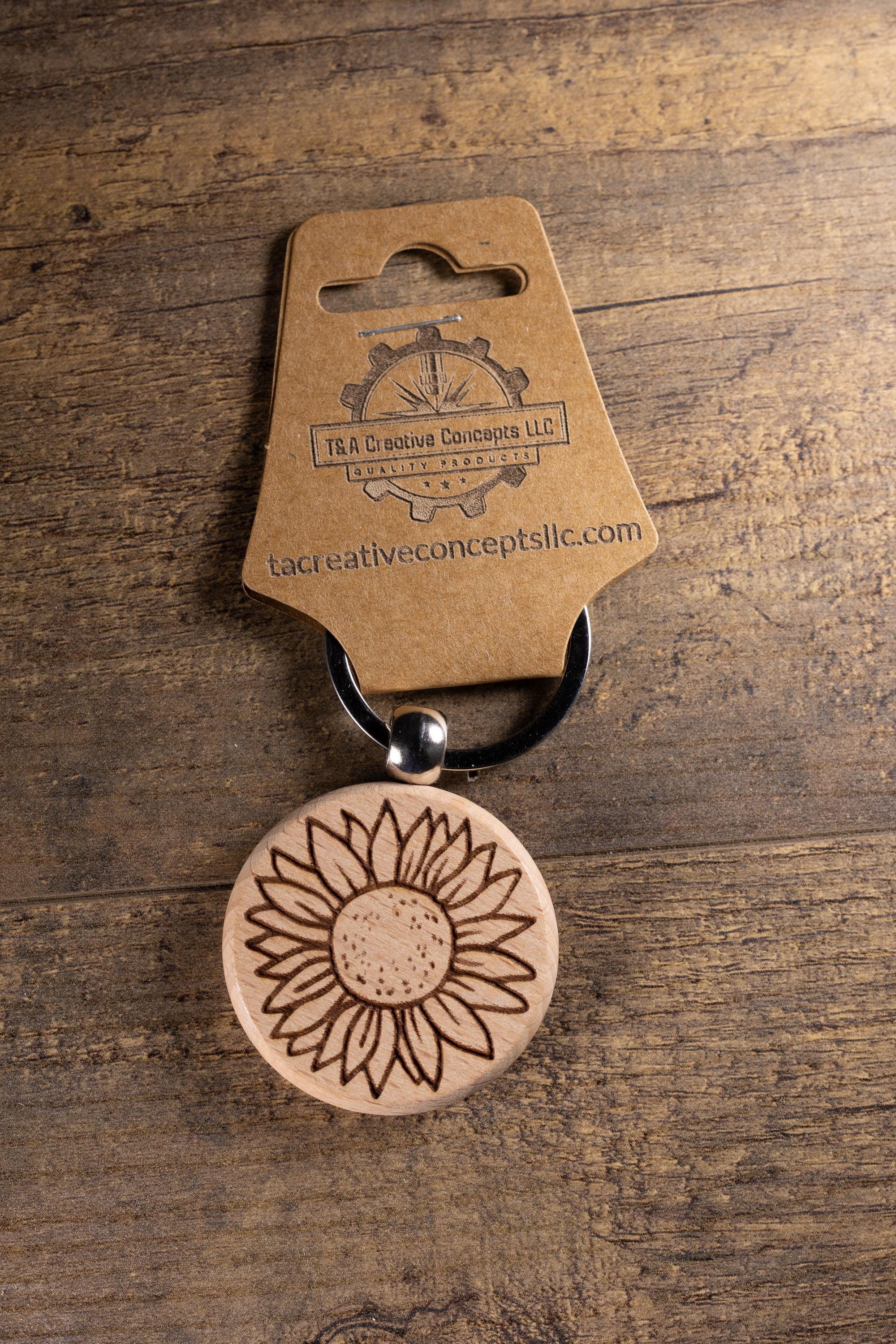 Sunflower Keychain – Laser Engraved Wood Hardwood Accessory with Stainless Steel Hardware