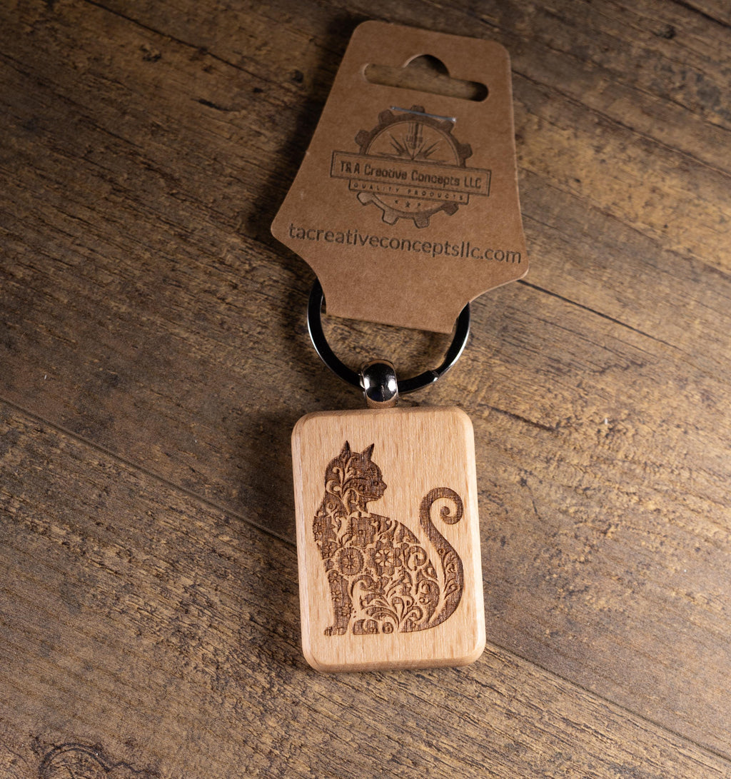 Cat Keychain – Handmade Hardwood Bag Charm with Laser Engraved Wood Design