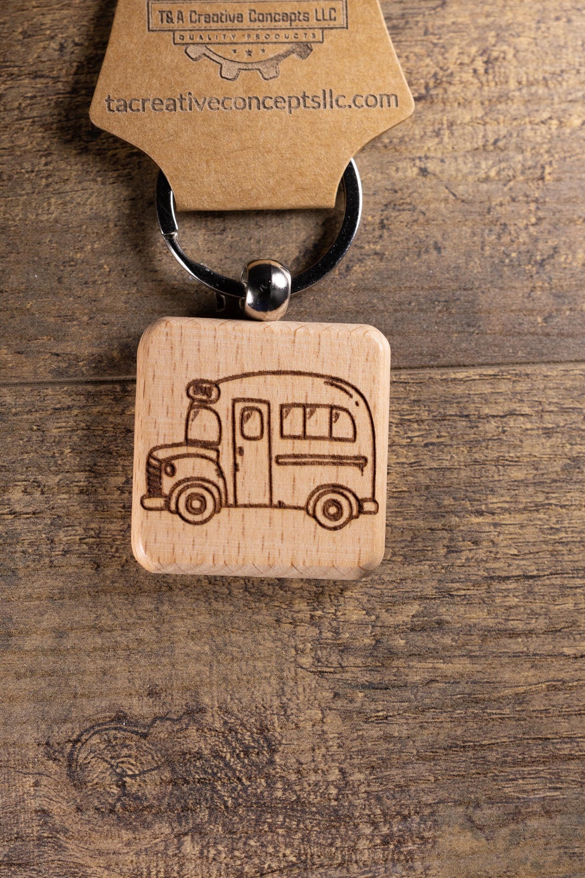 School Bus Keychain - Handmade Solid Wood Charm With Stainless Steel Ring