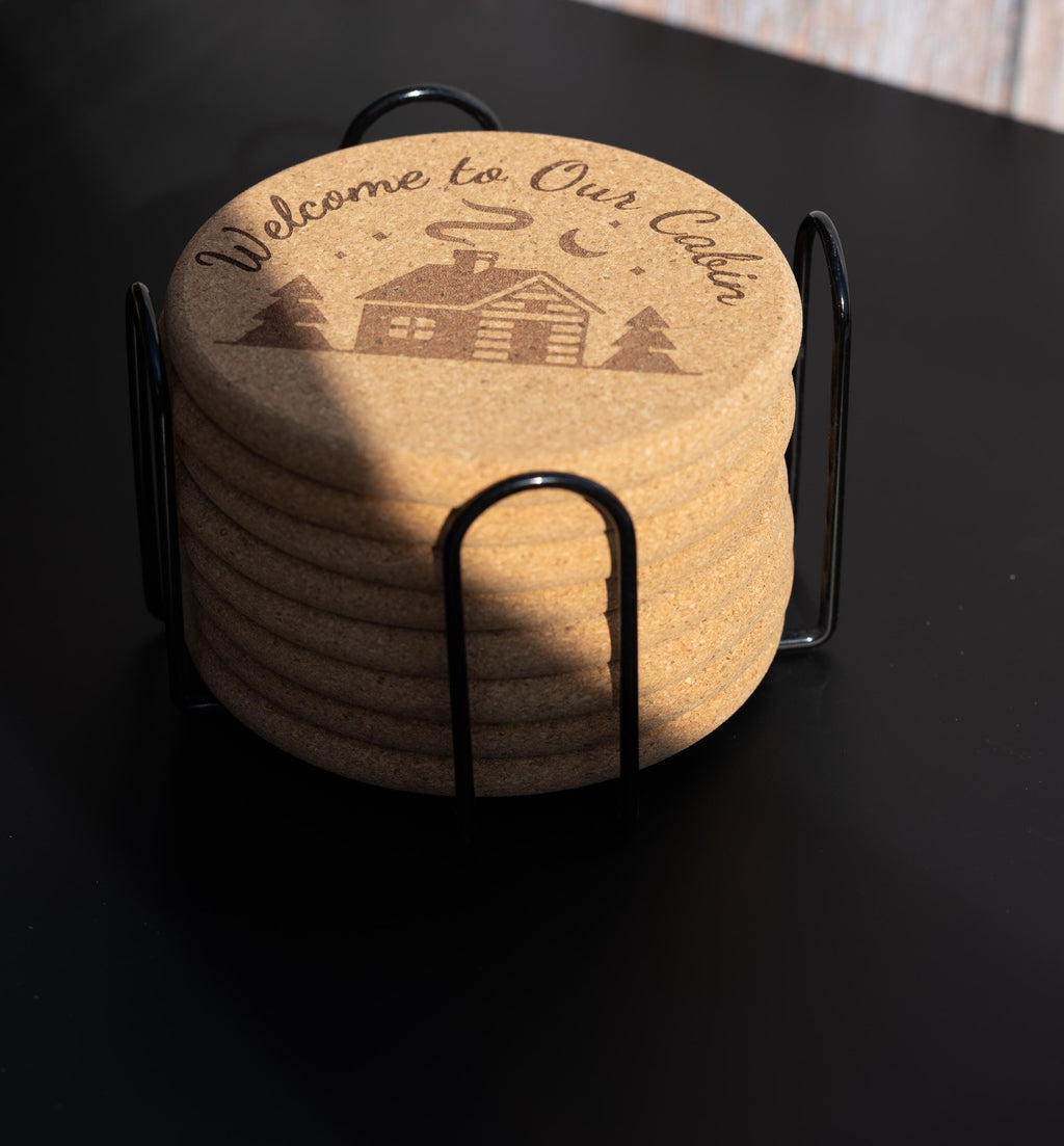 Rustic Cork Coasters - Welcome Cabin Coaster Set of 8 with Holder | Engraved Drink Mats