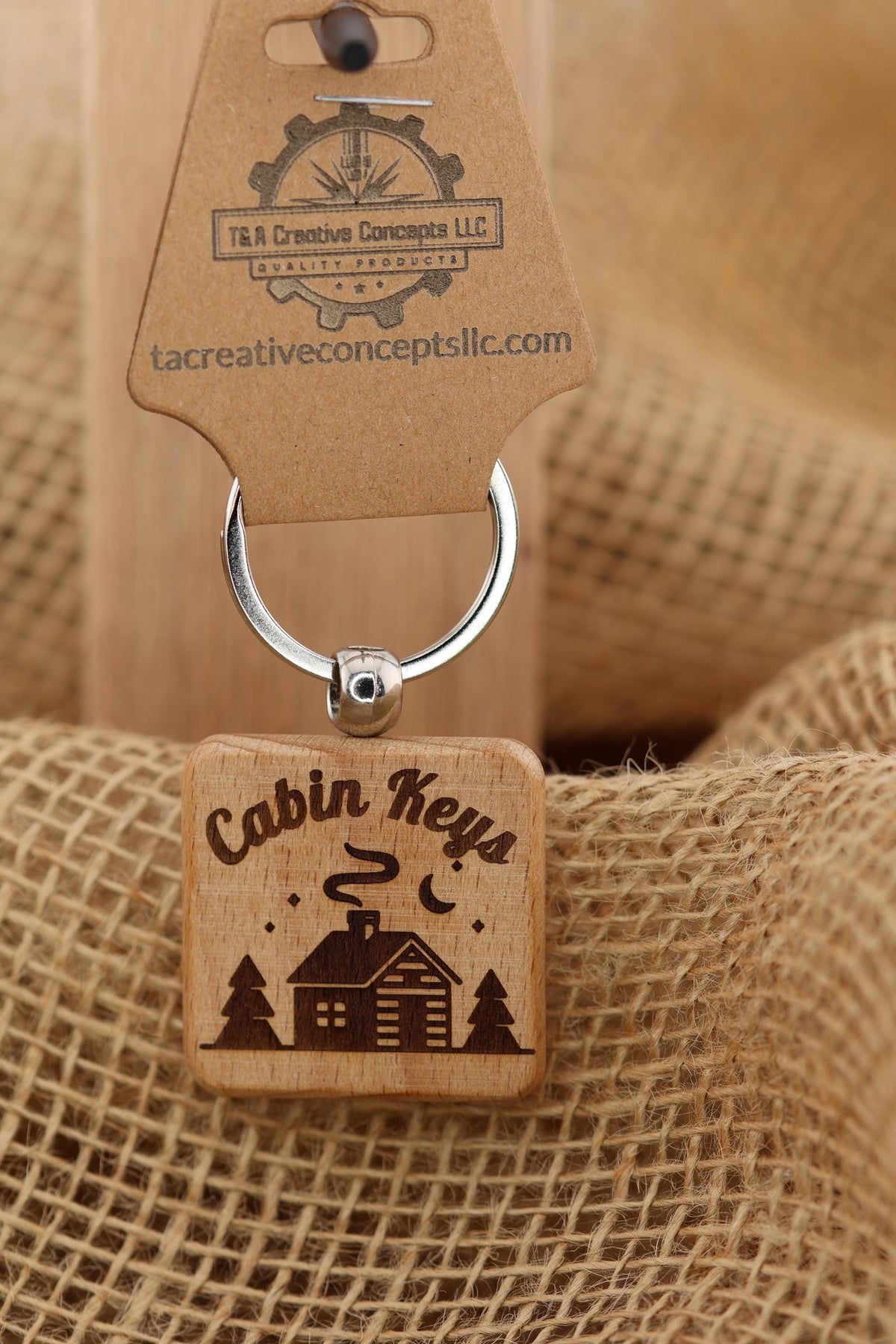 Cabin Keys Keychain – Rustic Wooden Keychain With Stainless Steel Ring, Double Sided Engraving