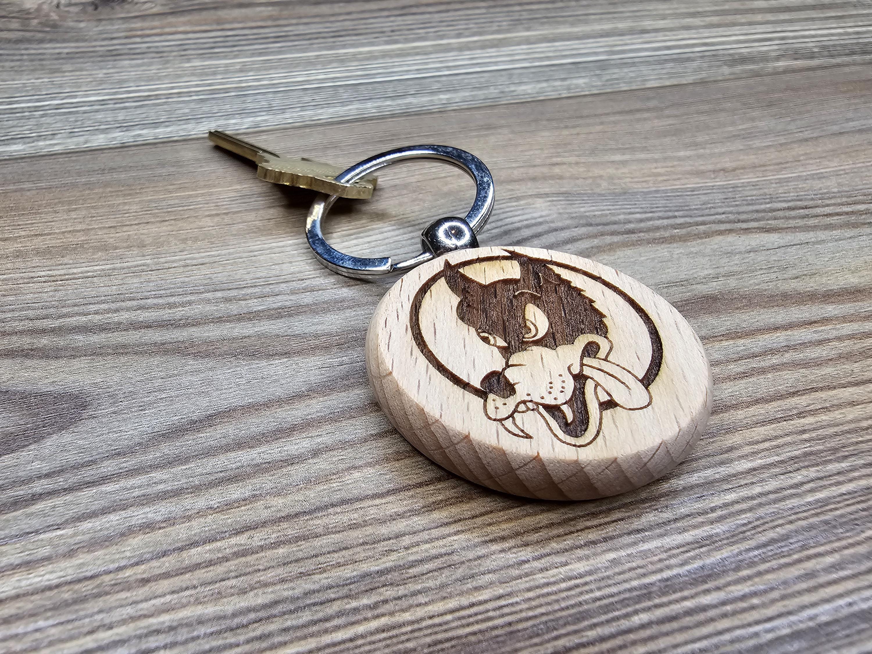 Grateful Dead Keychain – Double Sided Wooden Dire Wolf Design With Stainless Steel Ring