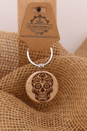 Day of the Dead Keychain – Hardwood Sugar Skull Charm | Laser Engraved, Durable Accessory