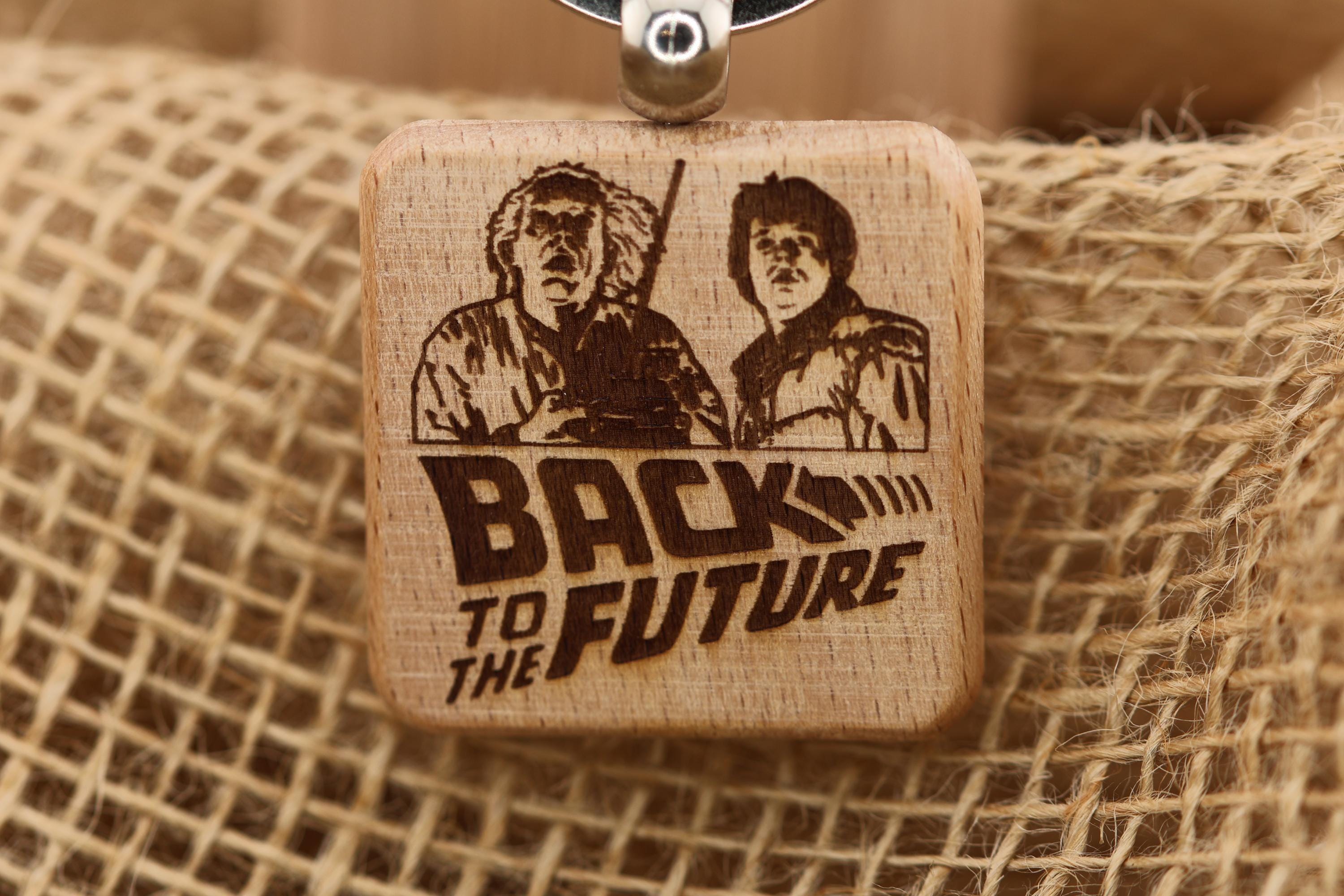 Back to the Future Keychain – Double Sided Hardwood Laser Engraved Charm with Stainless Steel Ring