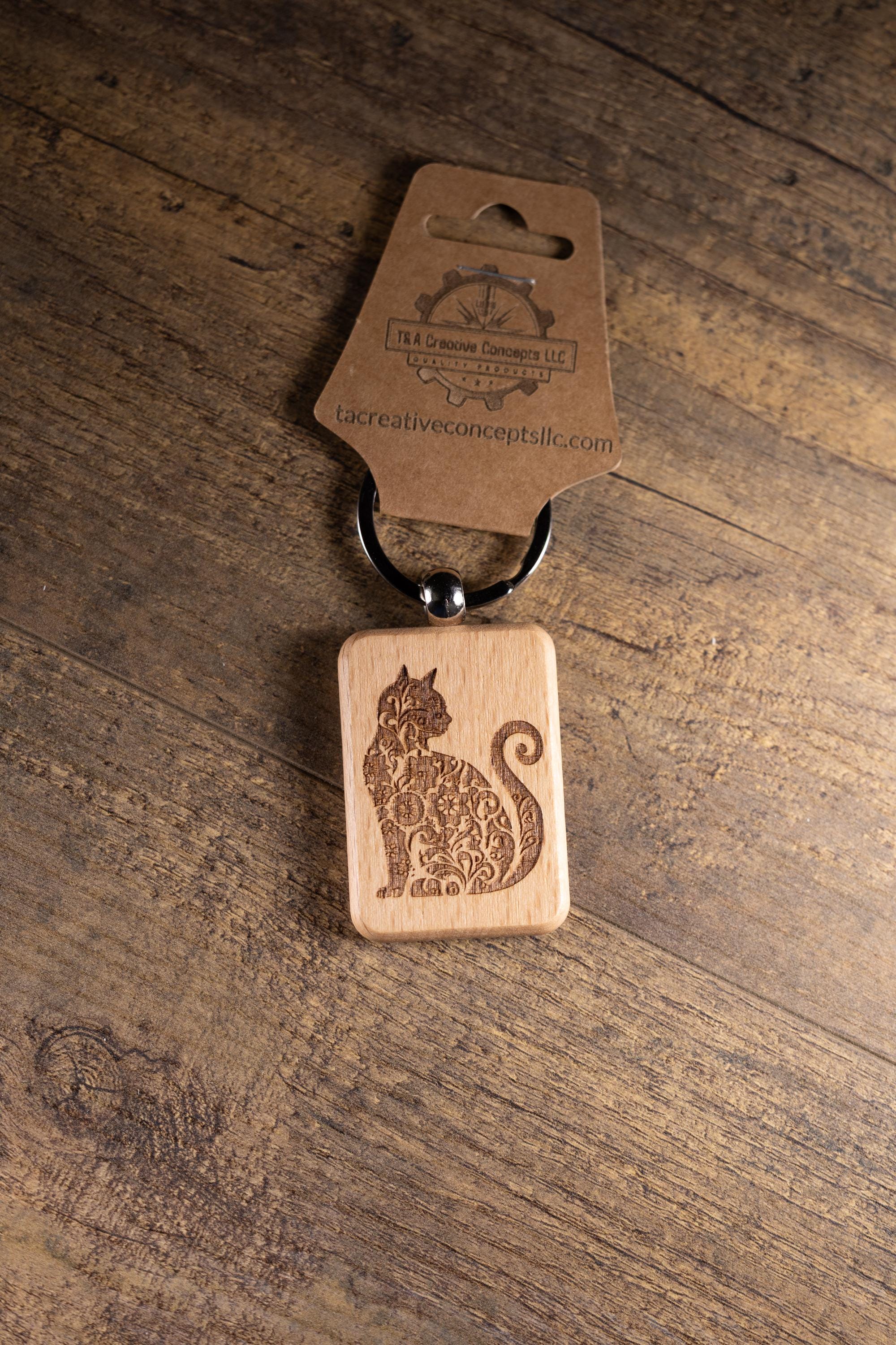 Cat Keychain – Handmade Hardwood Bag Charm with Laser Engraved Wood Design