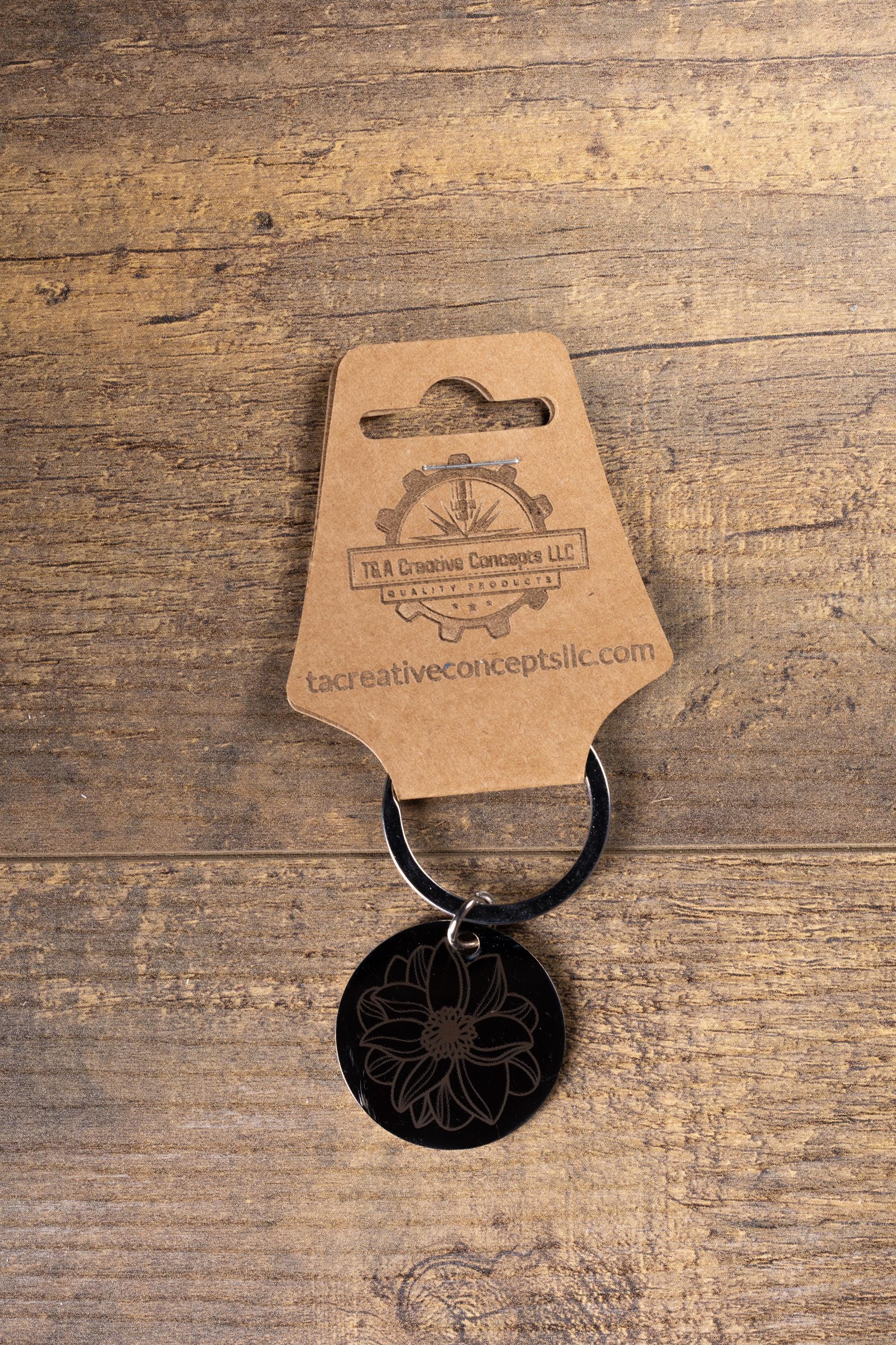 Mandala Flower Keychain – Black Stainless Steel, Double-Sided Engraved Charm