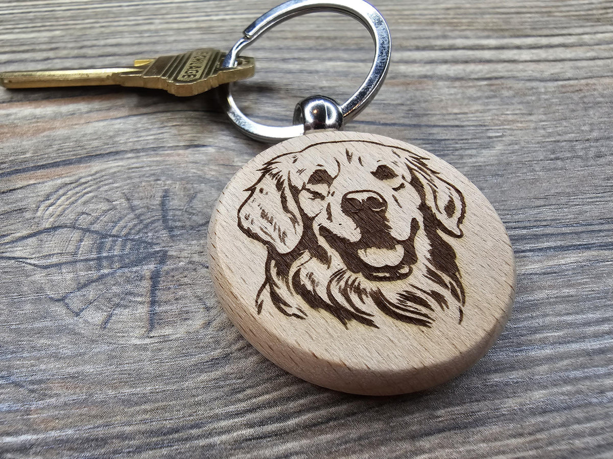 Golden Retriever Keychain - Double Sided Hardwood Dog Charm, Laser Engraved