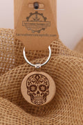 Wooden Sugar Skull Keychain – Double-Sided Laser Engraved Durable Wood Charm