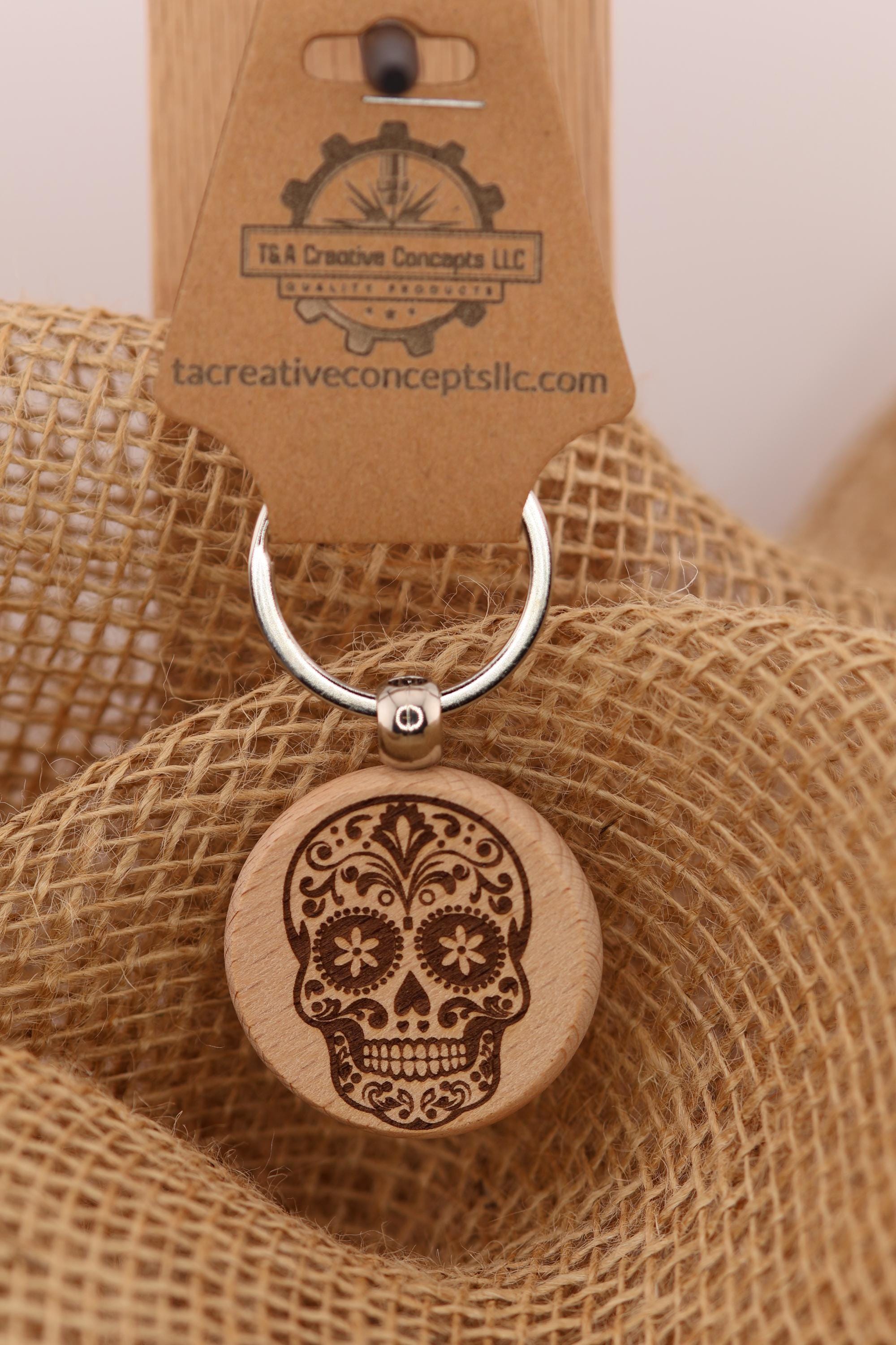 Wooden Sugar Skull Keychain – Double-Sided Laser Engraved Durable Wood Charm