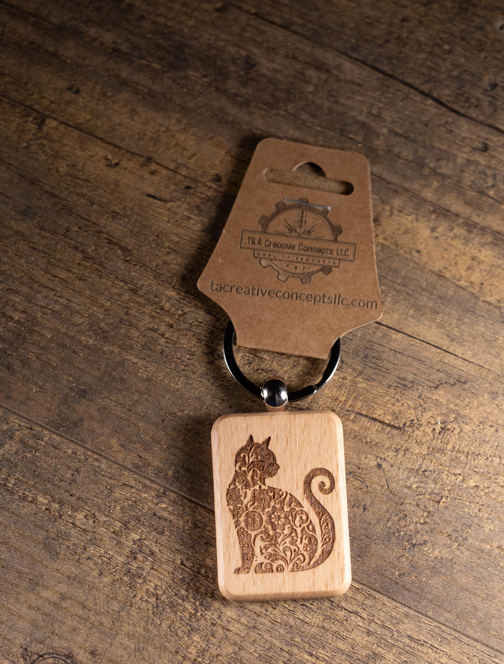 Cat Keychain – Handmade Hardwood Bag Charm with Laser Engraved Wood Design
