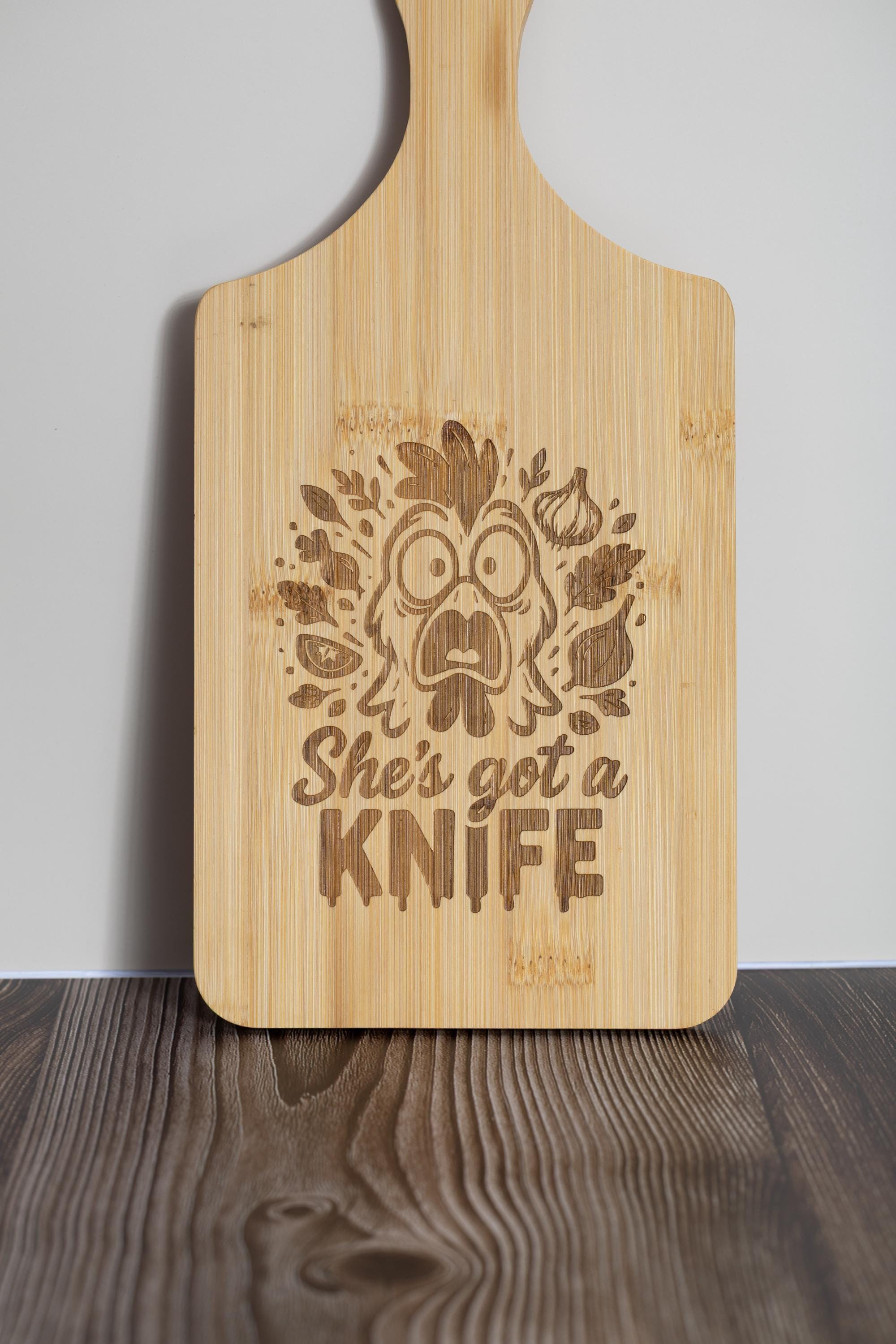 Bamboo Cutting Board – Funny 'She’s Got a Knife' Engraved, Eco Friendly Board 5x11