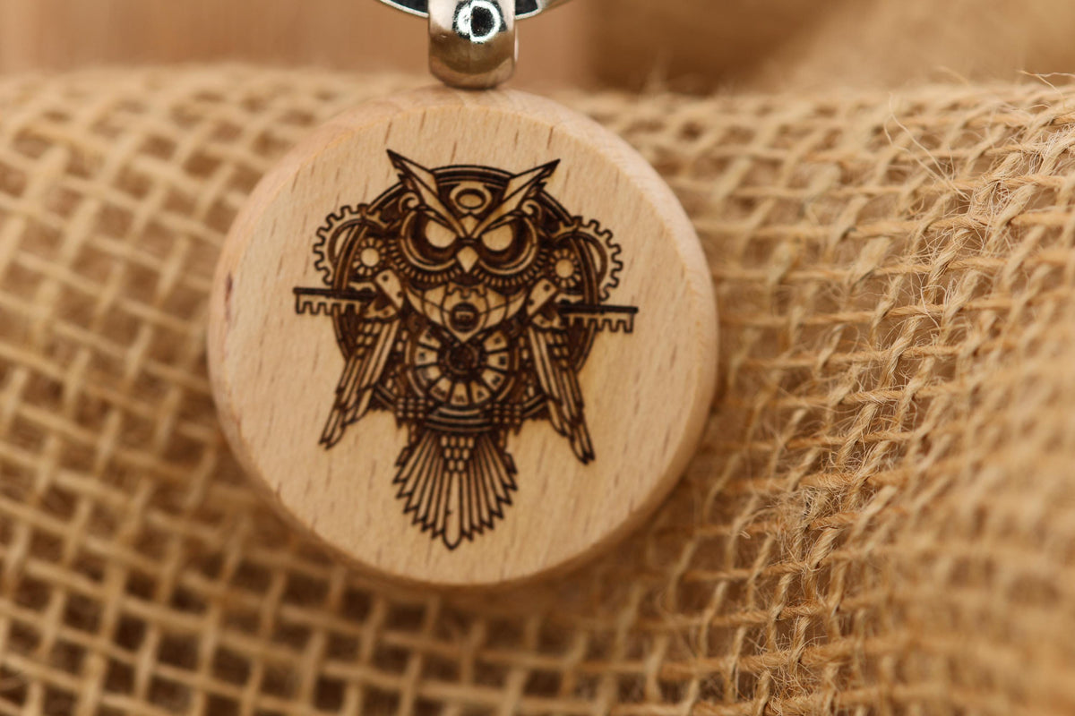 Steampunk Owl Keychain – Double Sided Charm | Engraved Hardwood Keepsake