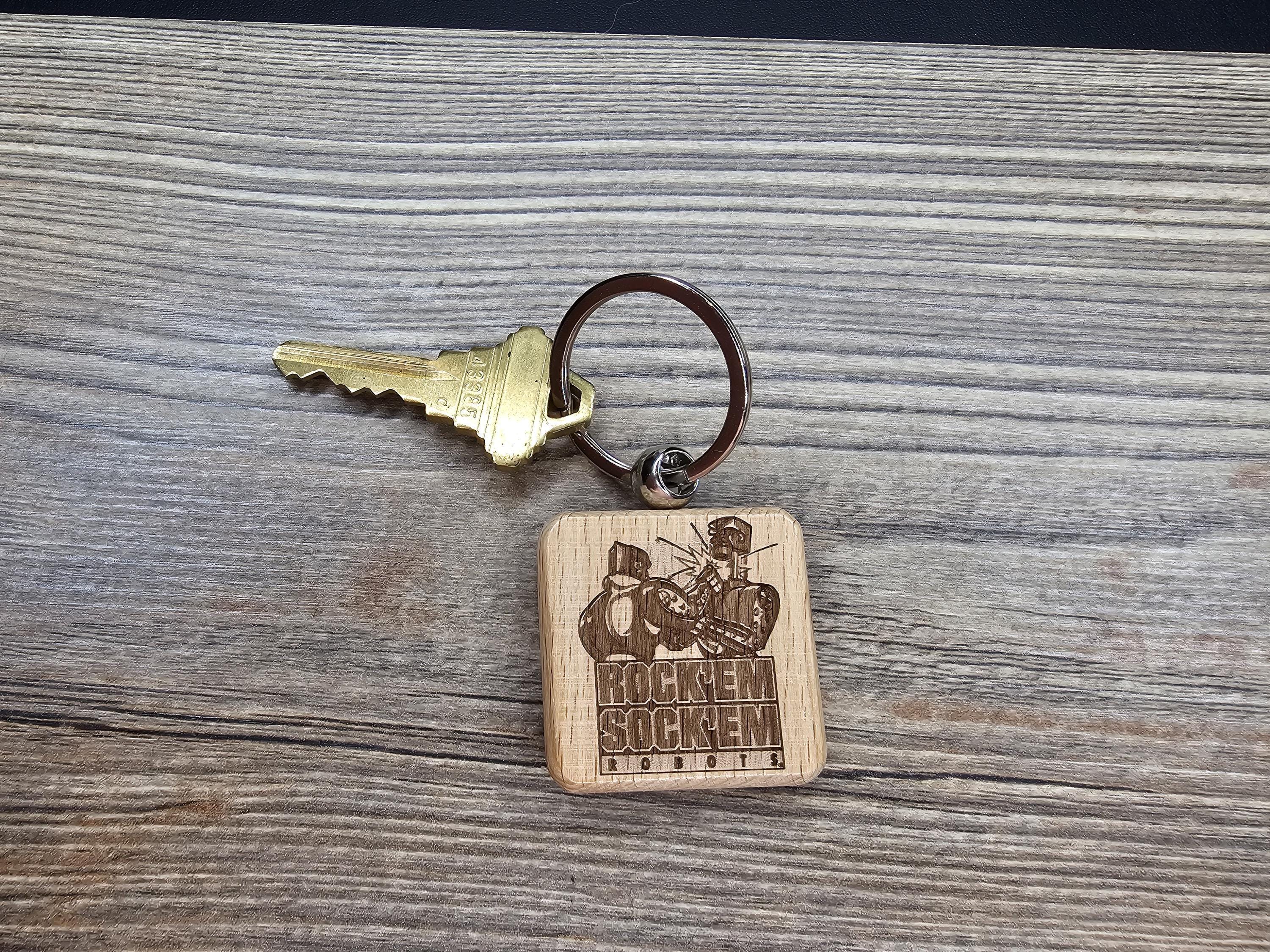 Retro Gaming Keychain - Double Sided Engraved Hardwood Robot Charm With Steel Keyring
