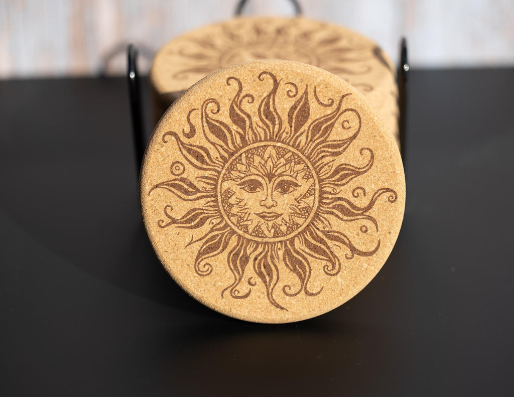 Sun Cork Coasters - Set of 8 Laser Engraved Boho Rustic Drink Mats with Holder